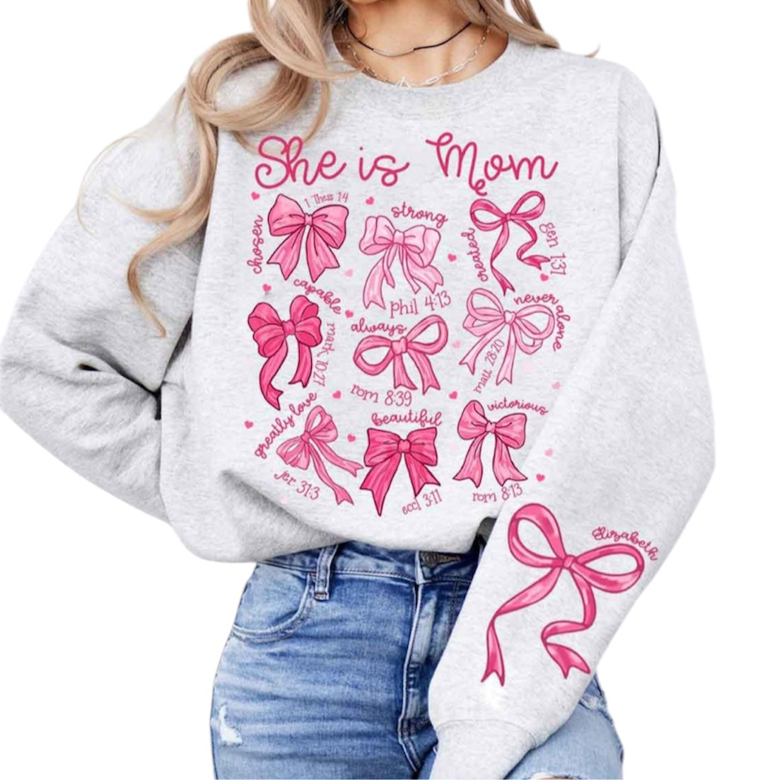 She Is Mom Bible Verse Bow Coquette Crewneck Sweater in Gray