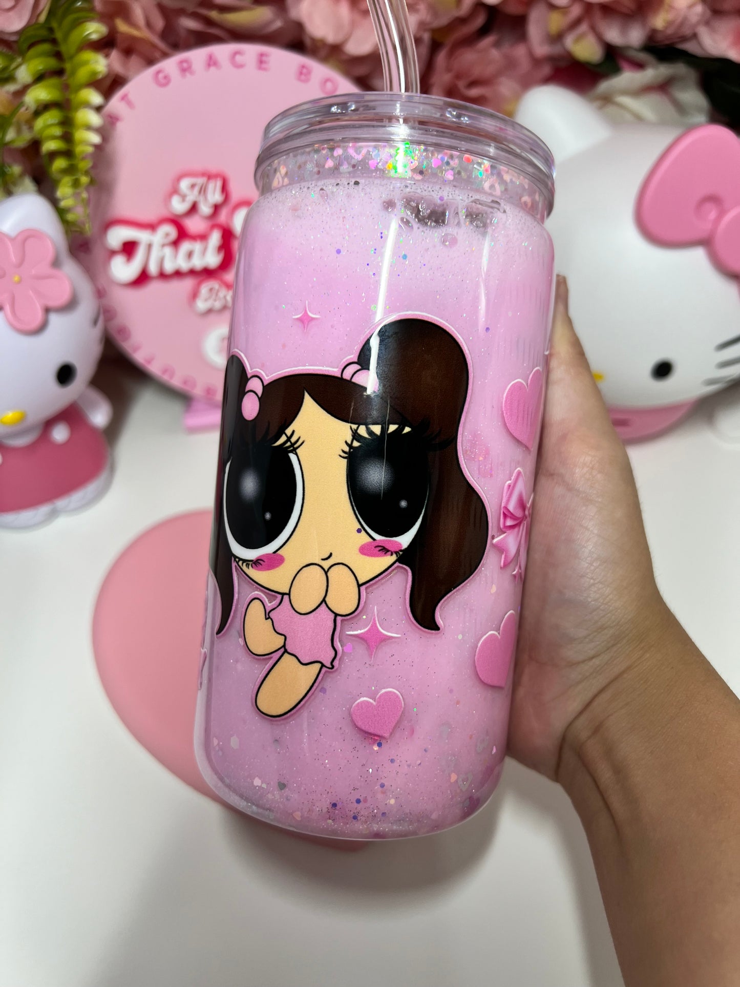 Soft Girl Era Coquette Bow Puff Acrylic Glitter Snow Globe Cup