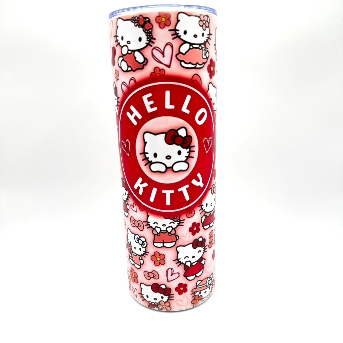 Cat, Hearts and Flowers Pink and Red Stainless Steel 20oz Tumbler Cup Skinny