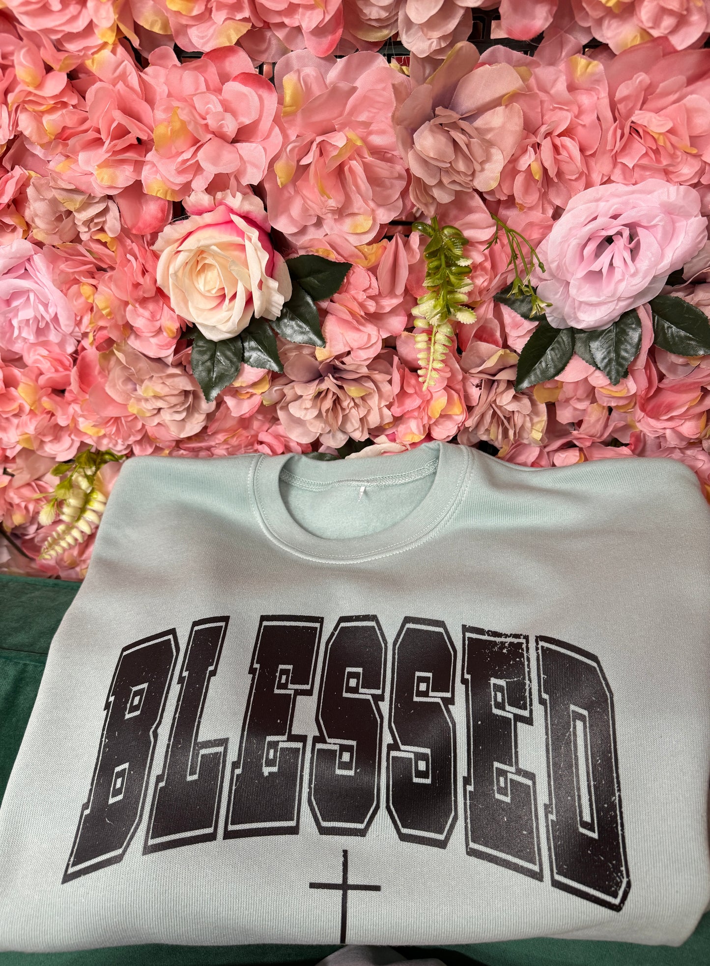 Blessed Sherpa Lined Crewneck Sweater In Dusty Blue