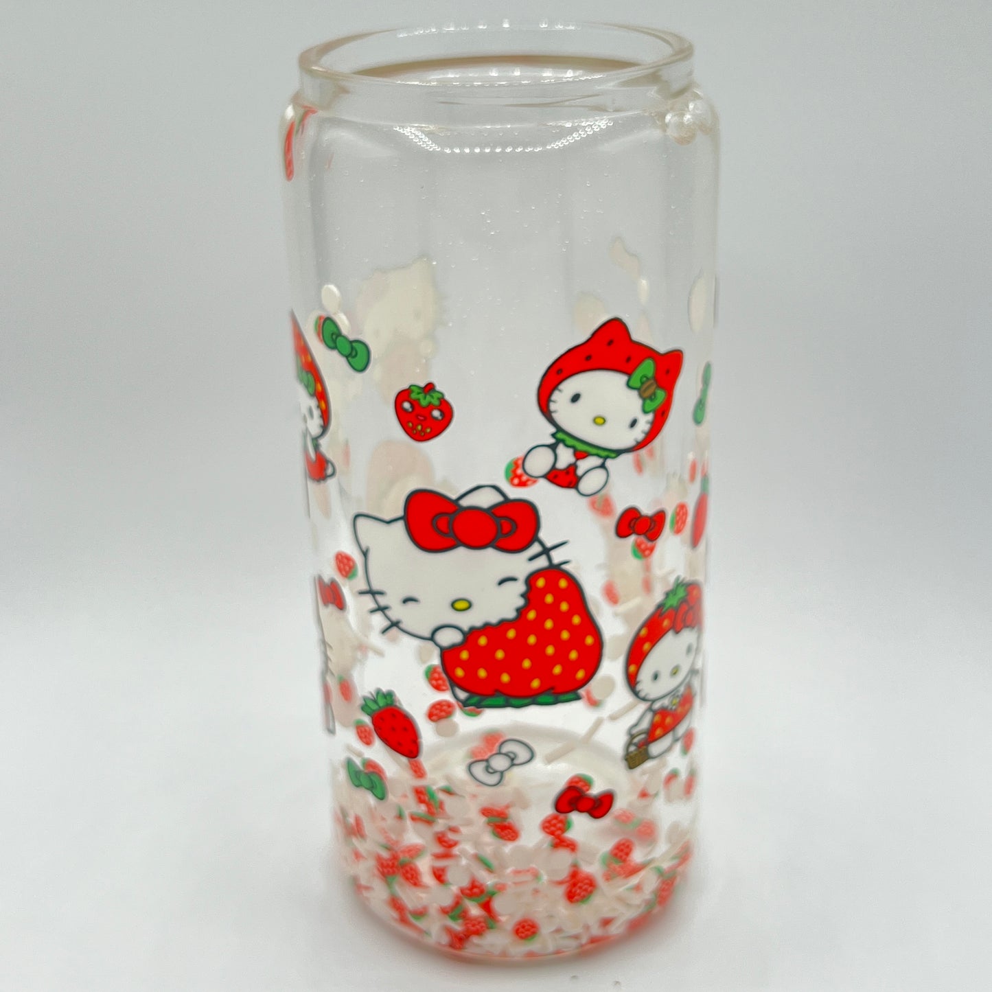 Cat, Bow & Strawberry Snow Globe 16oz Glass Tumbler WIth Lid