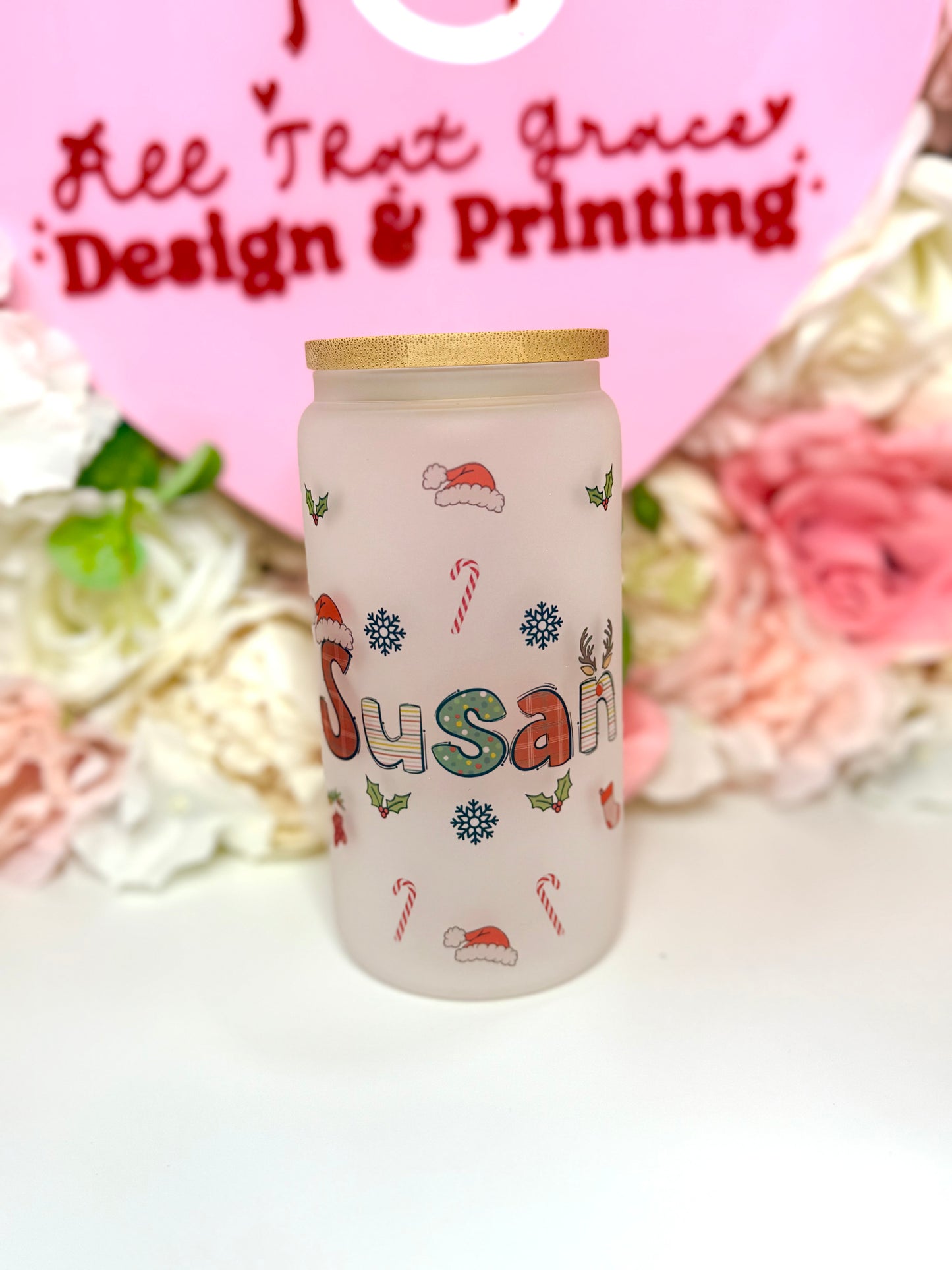 Custom Theme Frosted Glass Libby Cup With Clear Lid Santa/ Character