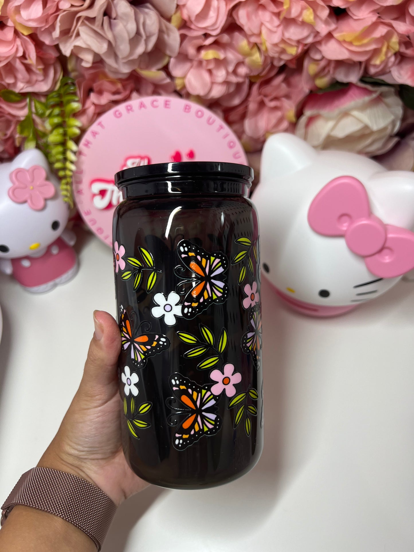 Butterfly Floral Black Clear Jelly Acrylic Cup