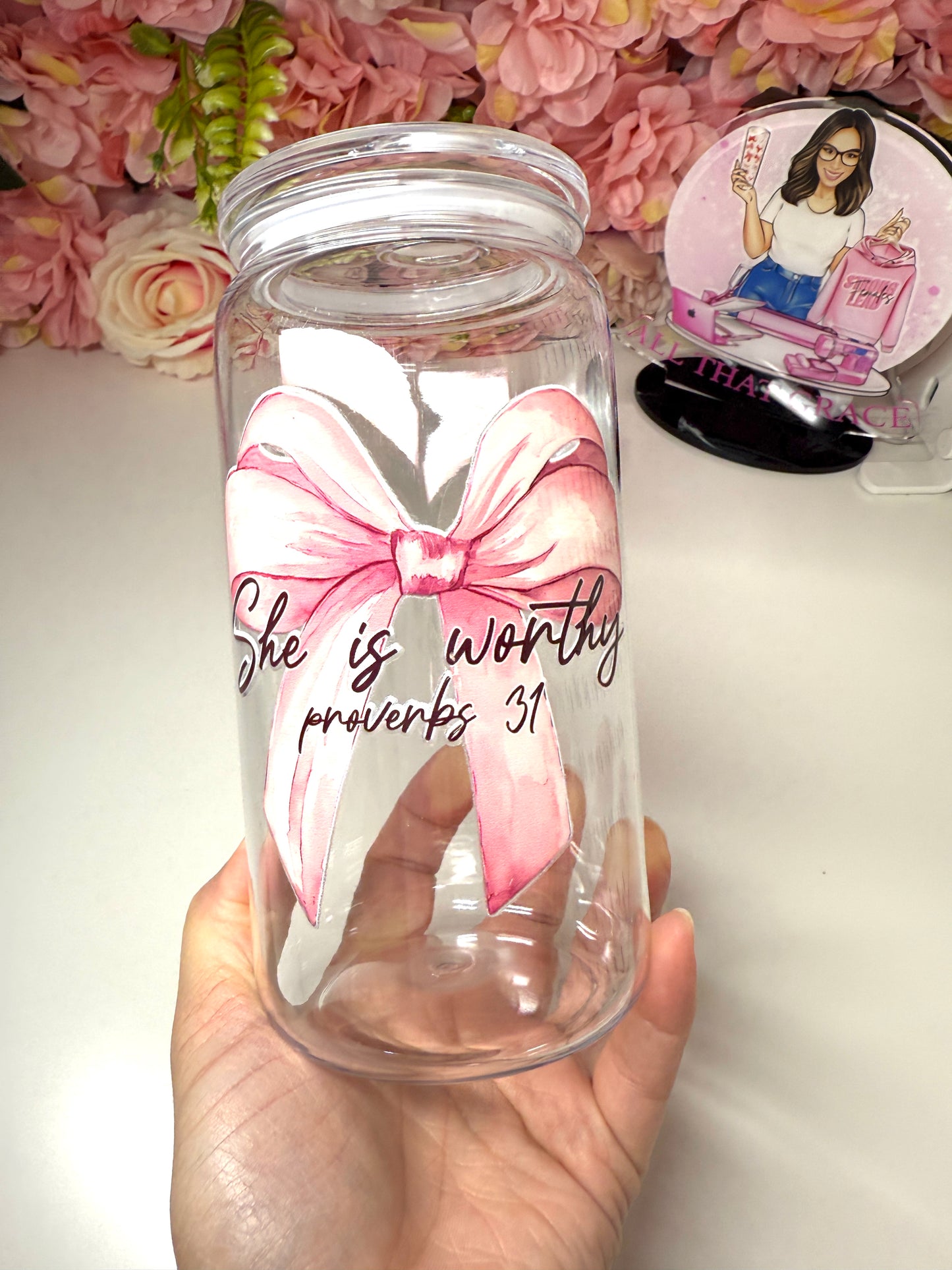 She is Worthy Bow Coquette Proverbs 31 Acrylic Cup