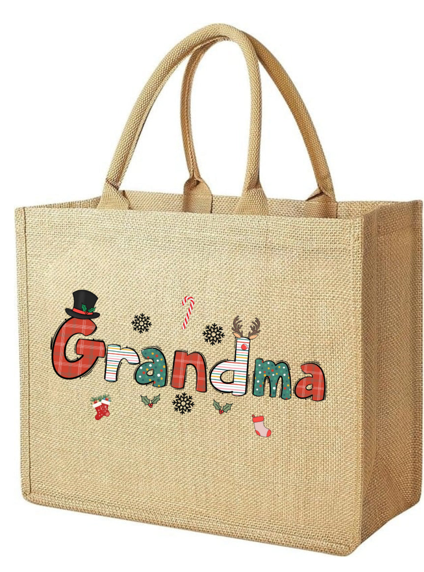 Personalized Name Burlap Tote Bag, Large Capacity Jute Bag, Shopping Bag, Holiday Party Favor, Christmas Gift for Mom/Family/Kid/ Santa Hat