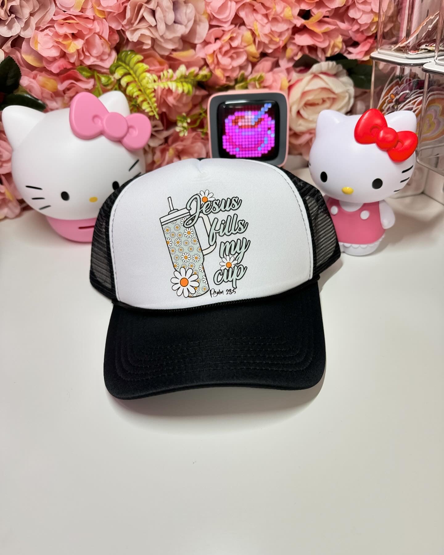 Jesus Fills My Cup Trucker Hat in Black and White