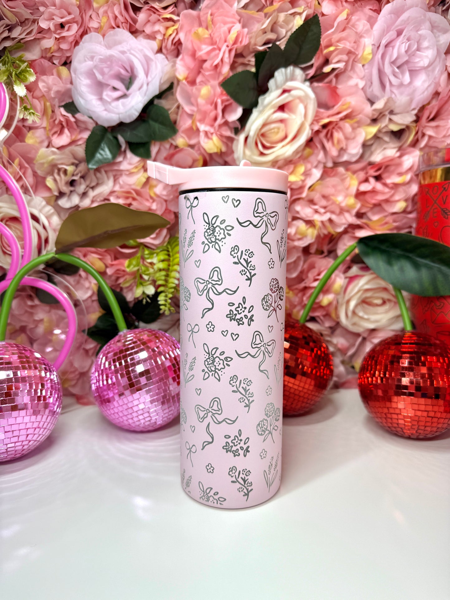 Coquette Floral Engraved Pale Pink 20oz Skinny Tumbler