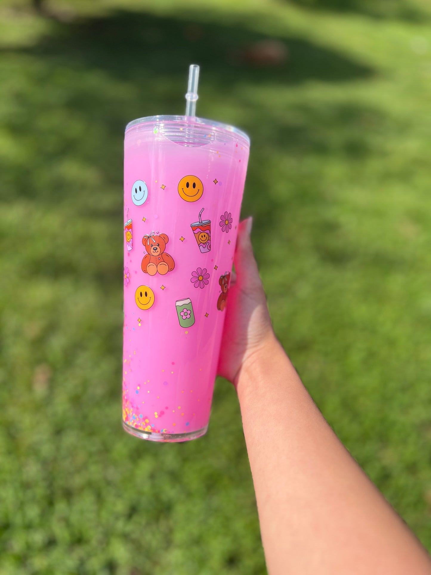 Retro Teddy Bear, Smiley Face and Coffee Pink Snow Globe Acrylic Tumbler 24oz