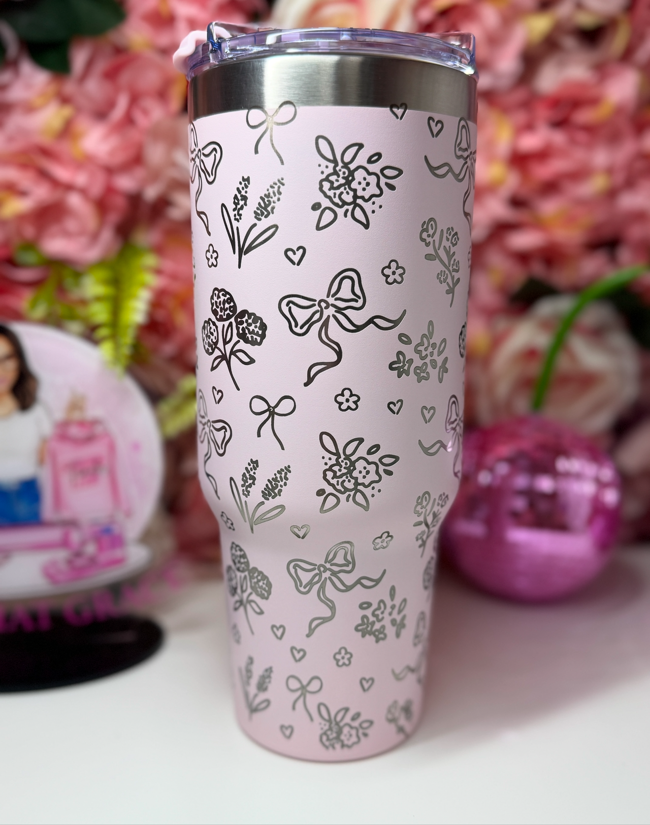 Floral Bow Coquette Engraved Peppermint Cream Blush Tumbler 40oz