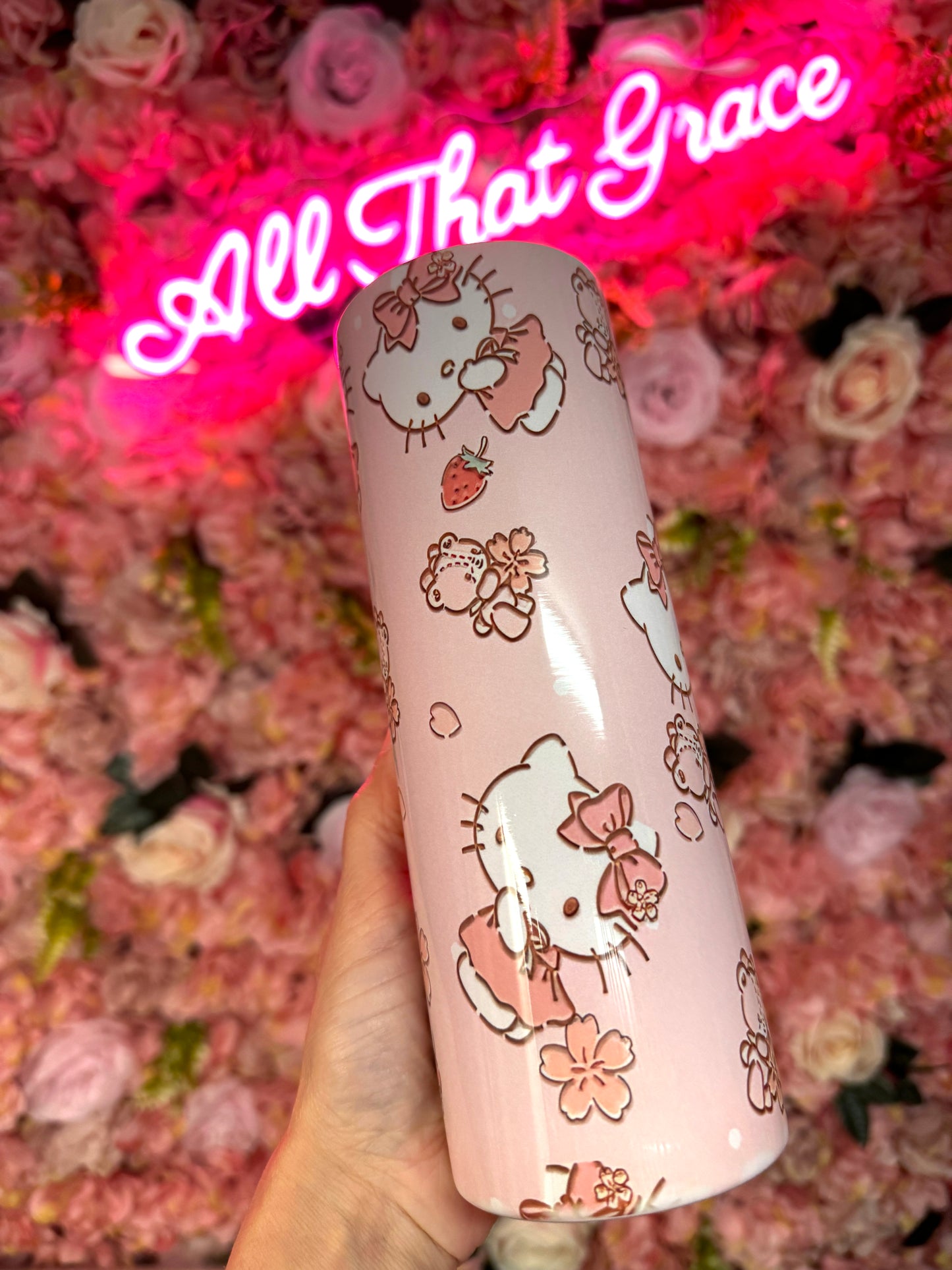 Strawberry Kawaii Cat & Teddy Bear Kawaii 20oz Stainless Steel Tumbler Skinny