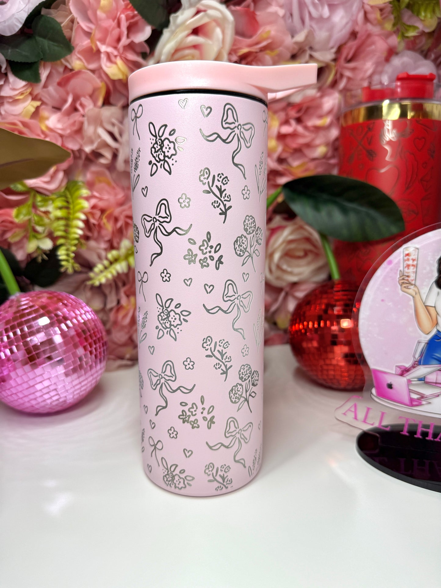 Coquette Floral Engraved Pale Pink 20oz Skinny Tumbler