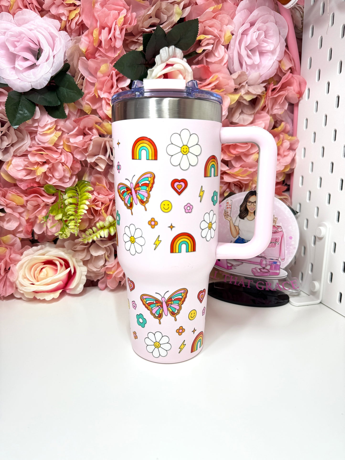 Retro Rainbow Smiley Face Big Swig Tumbler 40oz Blush Pink