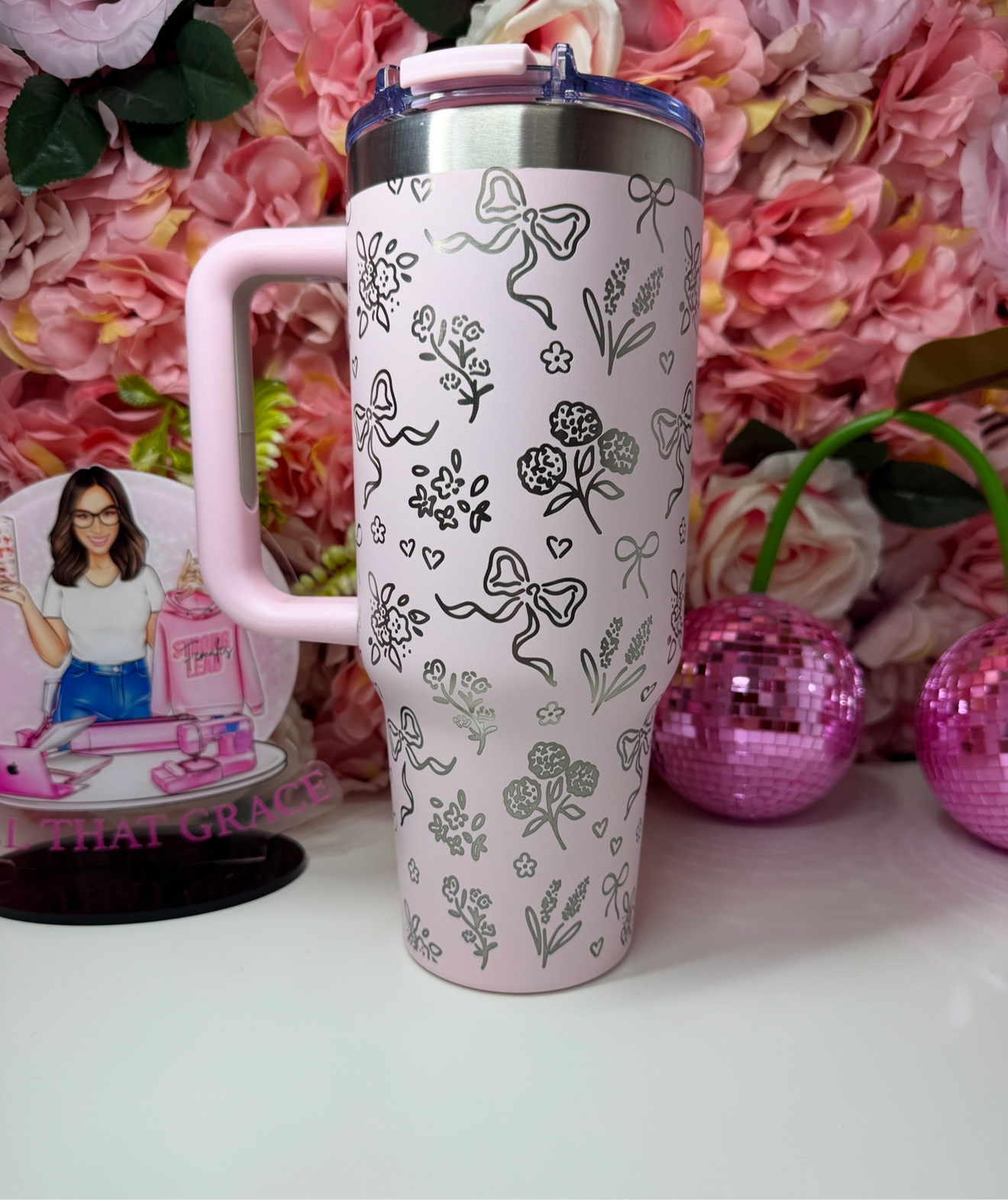 Floral Bow Coquette Engraved Peppermint Cream Blush Tumbler 40oz