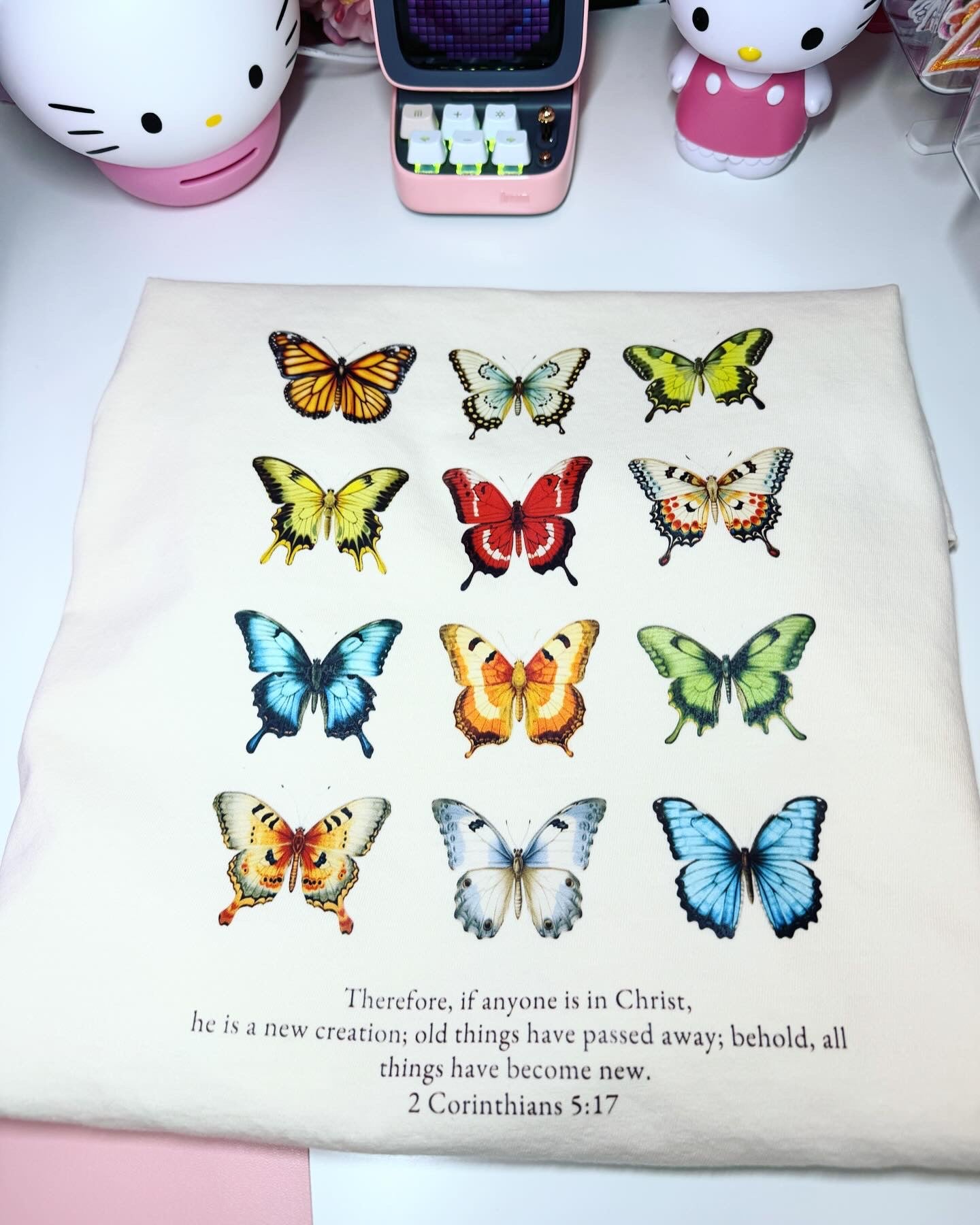 Butterfly Bible Verse Boxy Tee in Ivory 2 Corinthians 5:17