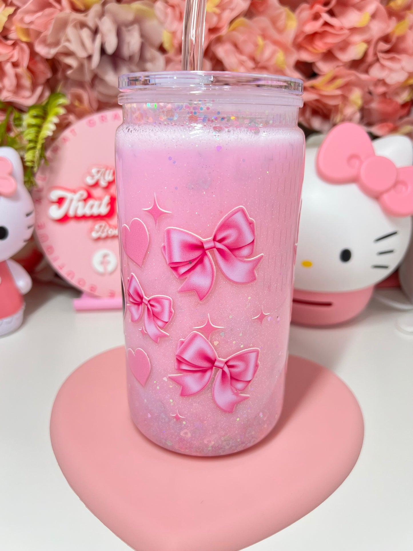 Soft Girl Era Coquette Bow Puff Acrylic Glitter Snow Globe Cup