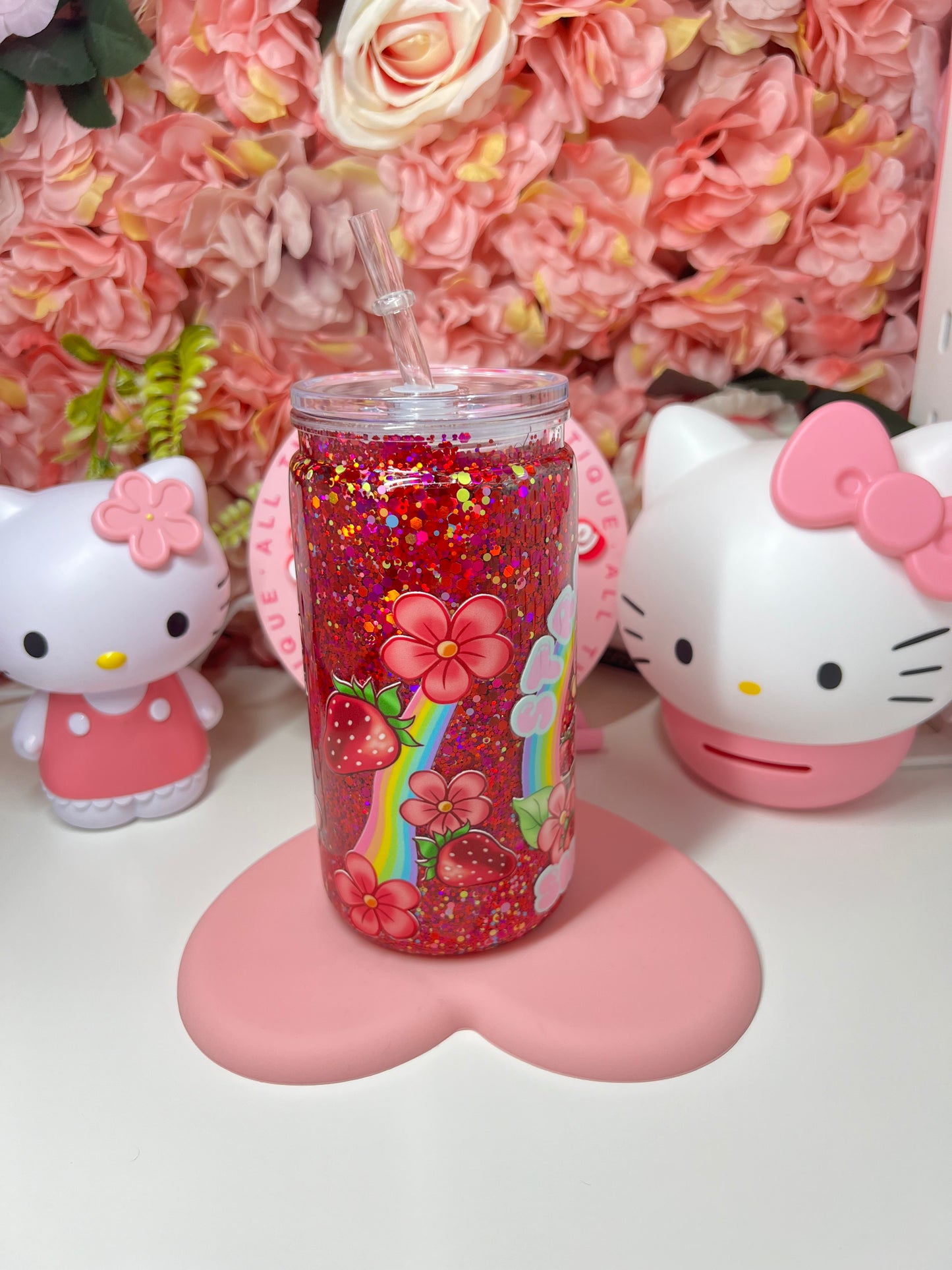 Strawberry Glitter Acrylic Snow Globe Cup