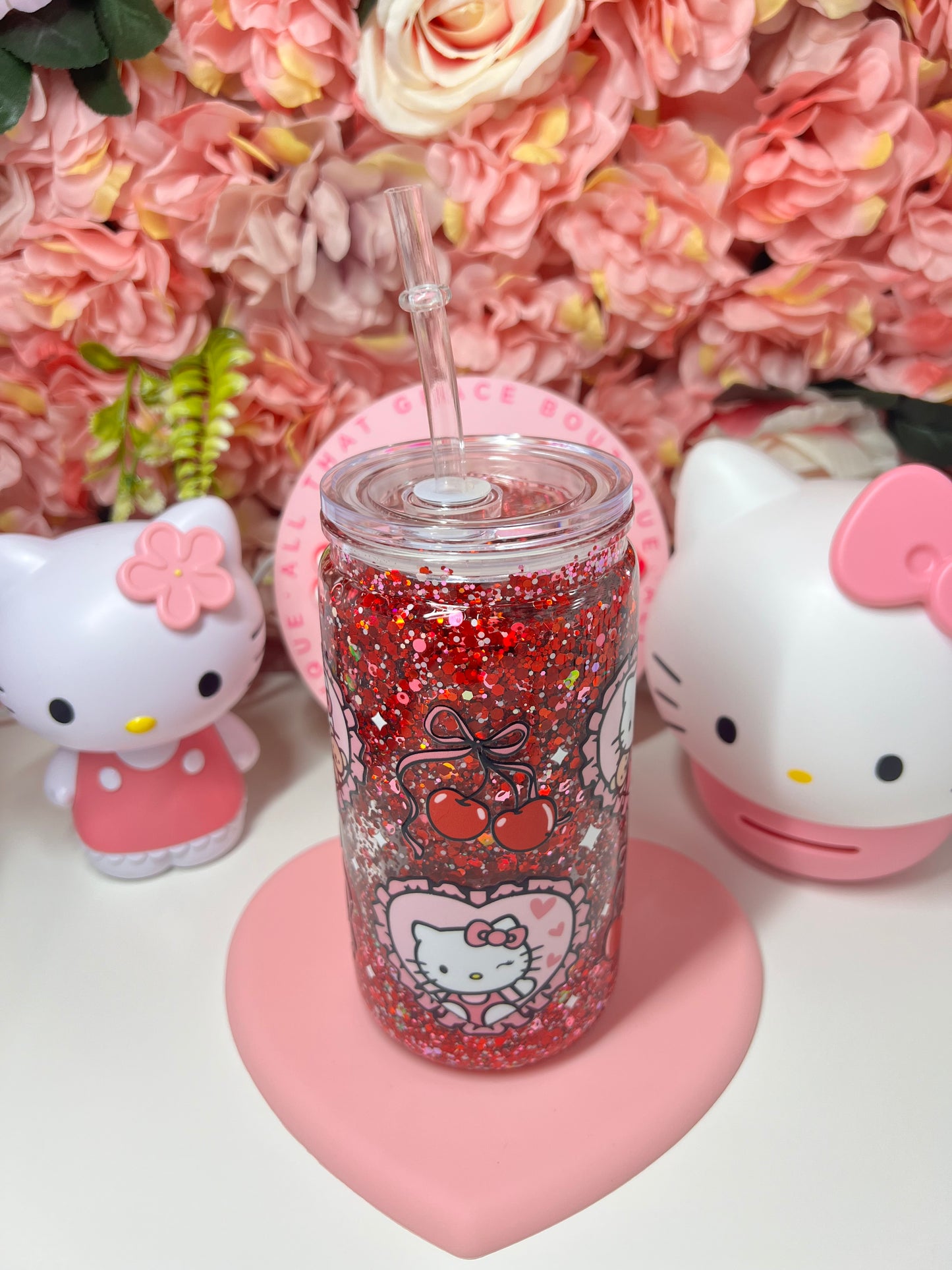 Cherry Coquette Cat Glitter Acrylic Snow Globe