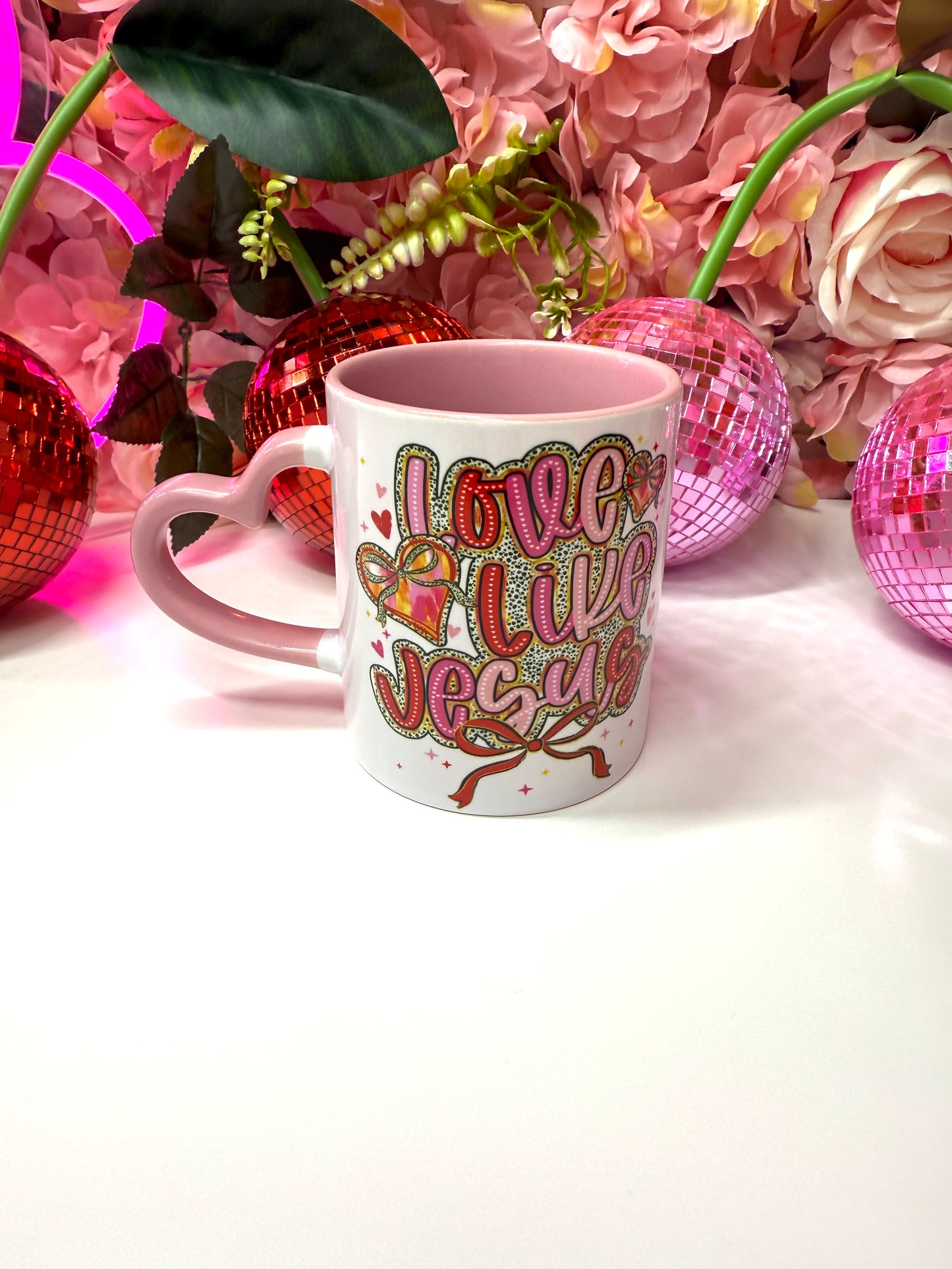 Love Like Jesus Coquette Heart Ceramic Mug Pink Heart Handle 11oz