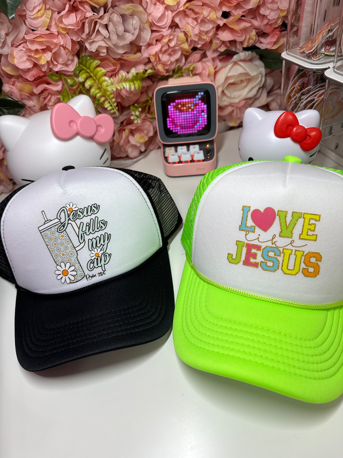 Jesus Fills My Cup Trucker Hat in Black and White