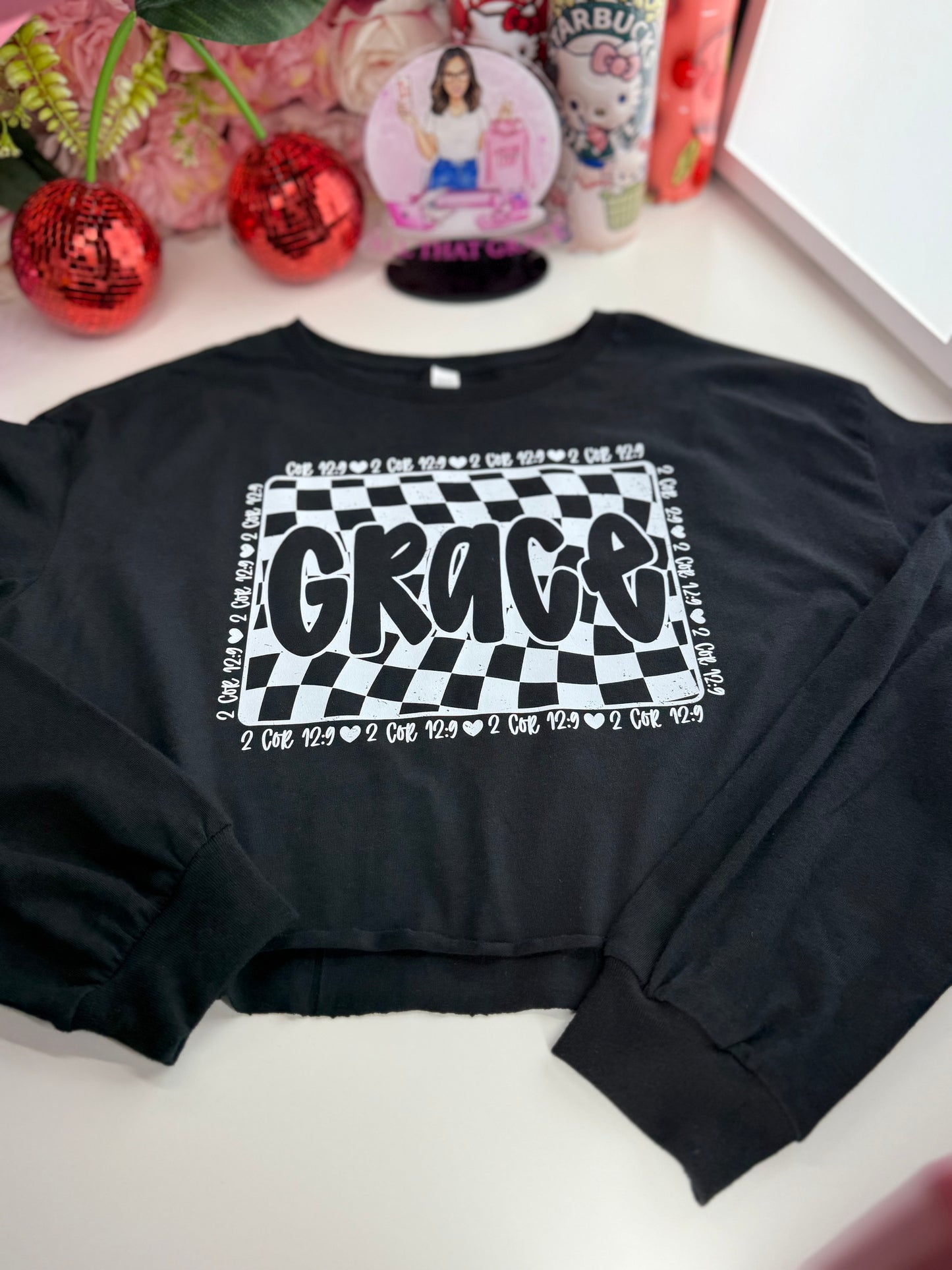 Grace Vintage Checked Long Sleeved Tee in Black
