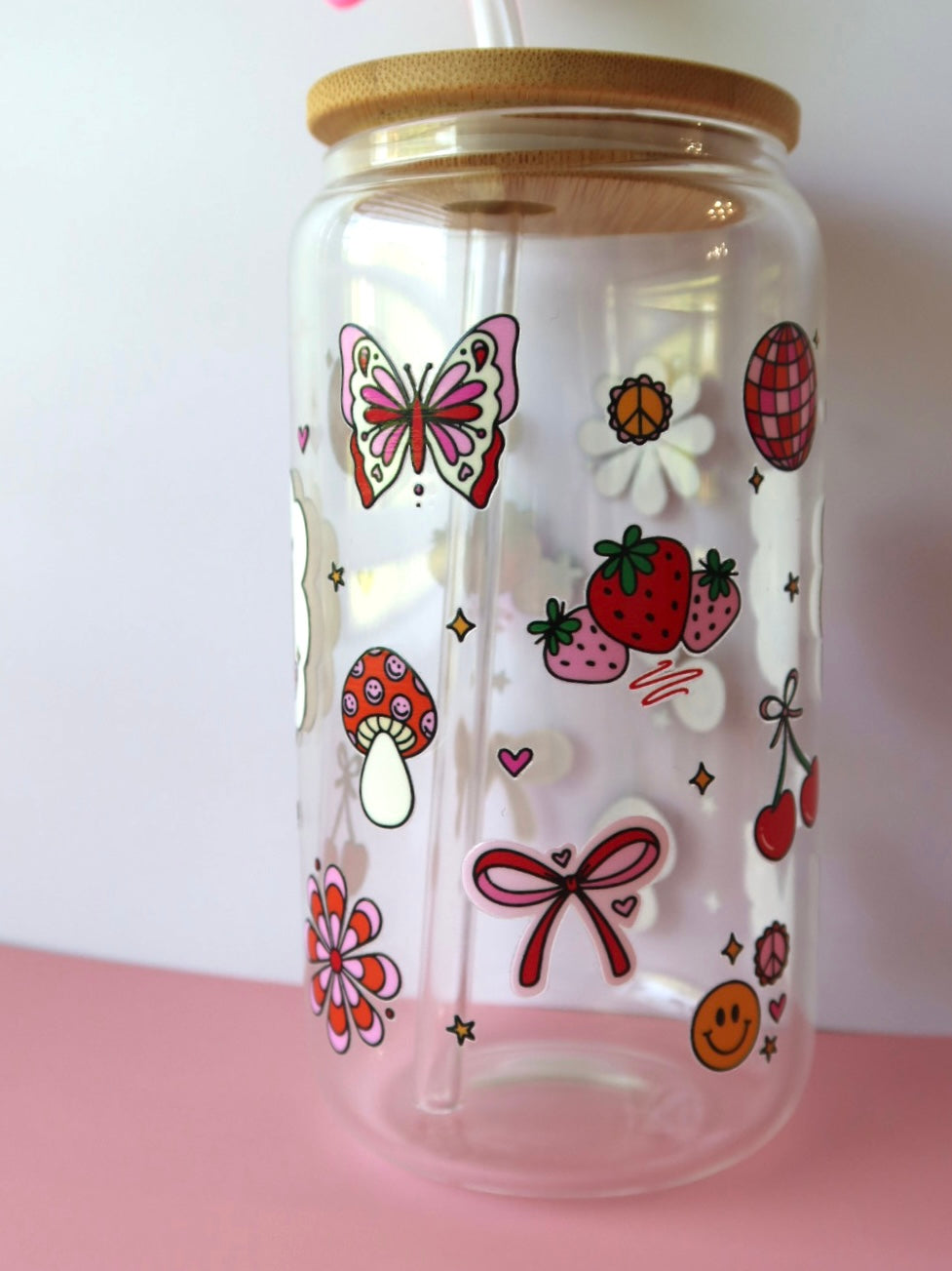 Retro Spring Fun Glass Libby 16oz Cup With Straw Topper