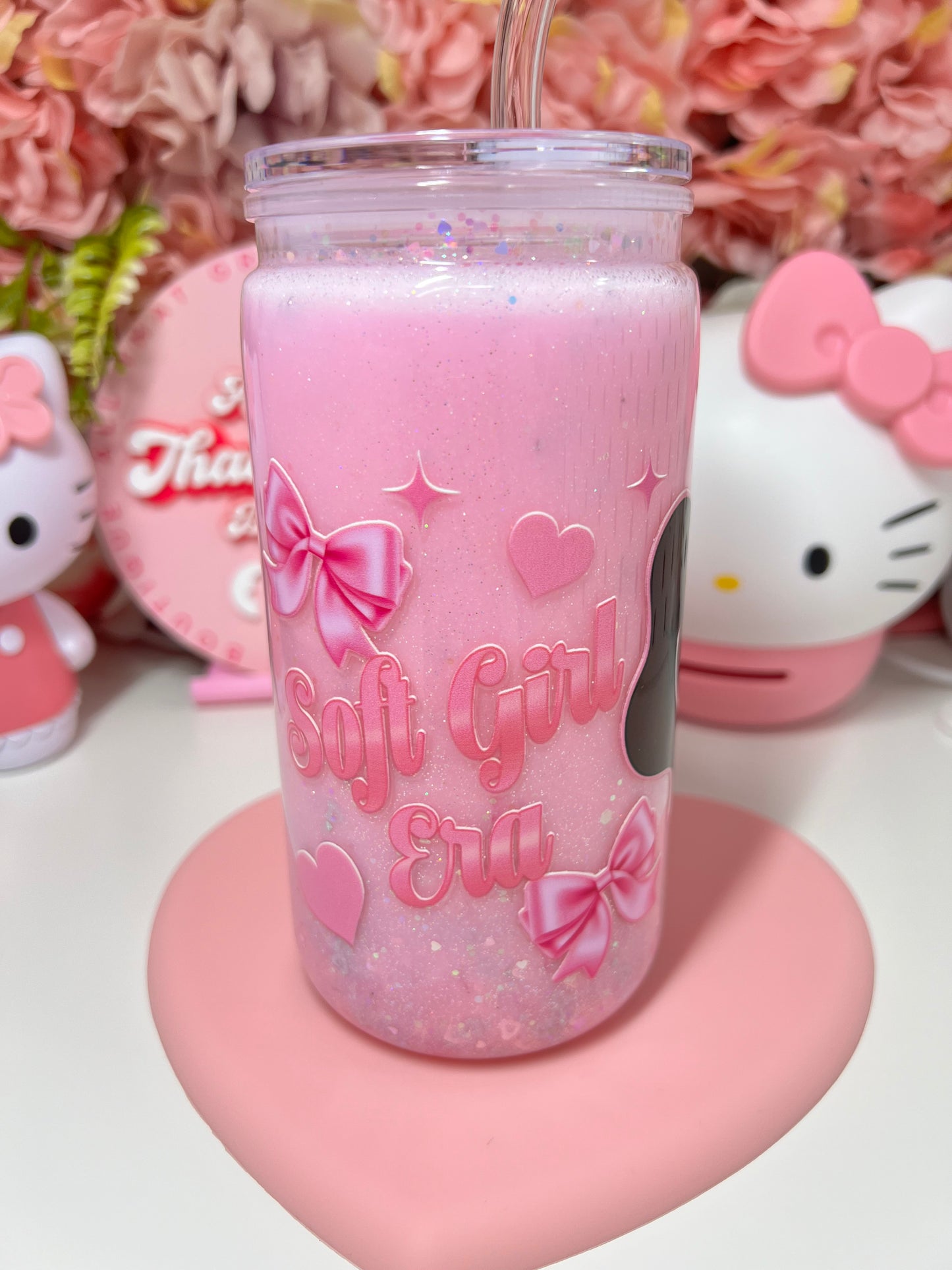 Soft Girl Era Coquette Bow Puff Acrylic Glitter Snow Globe Cup