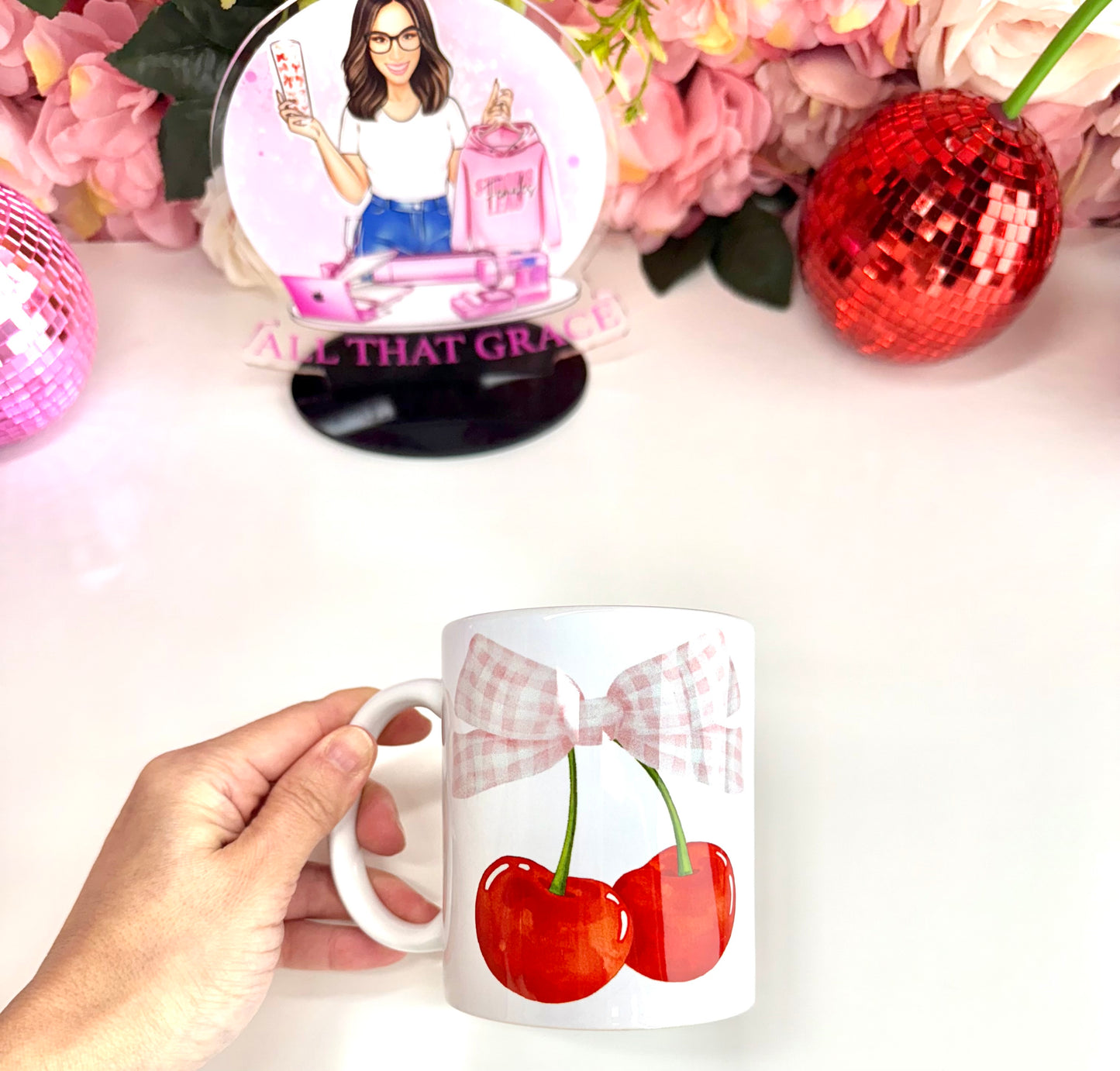 Cherry Gingham Bow Spring Ceramic Mug