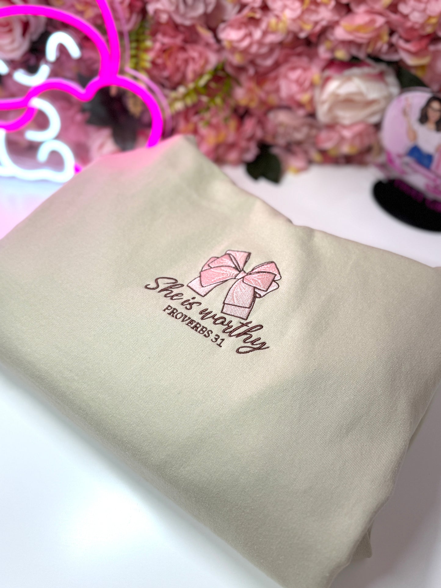 She is Worthy Proverbs 31 Bow Coquette Embroidered Hoodie in Sand