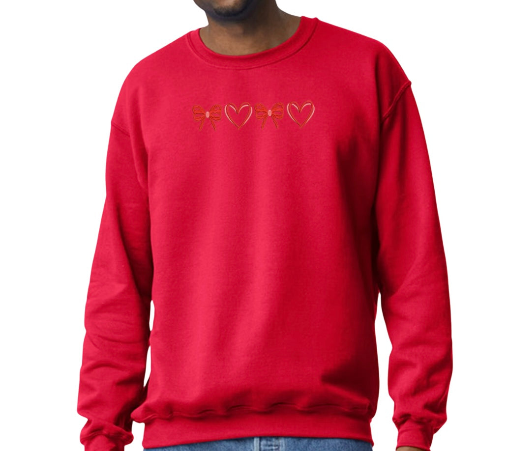 XOXO Heart and Bow Coquette Embroidered Crewneck Sweater In Multiple Colors