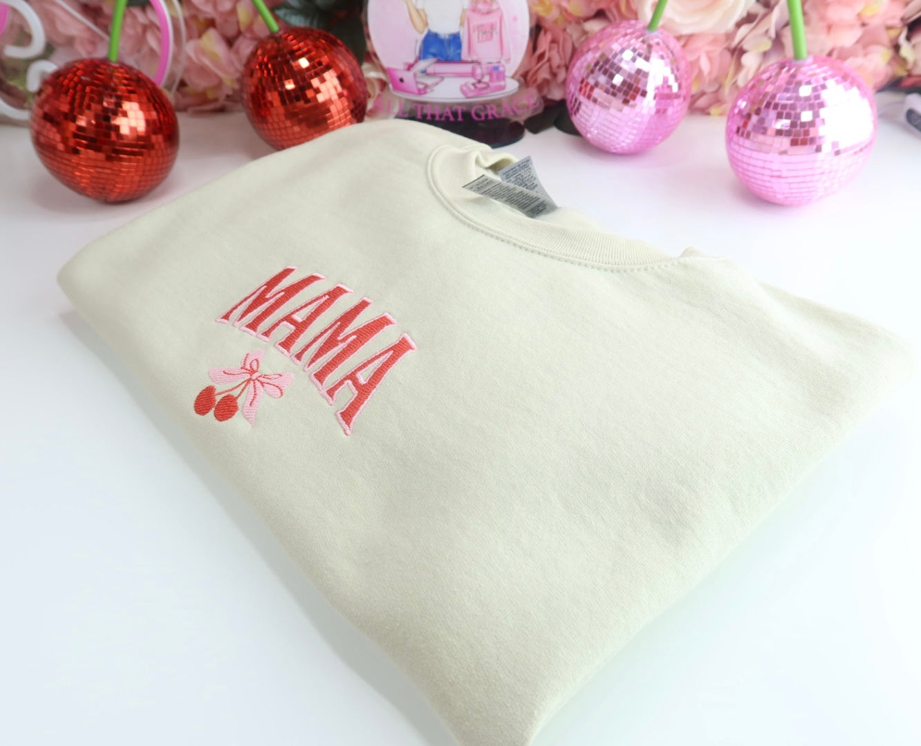 MAMA Cherry Coquette Embroidered Crewneck in Sand