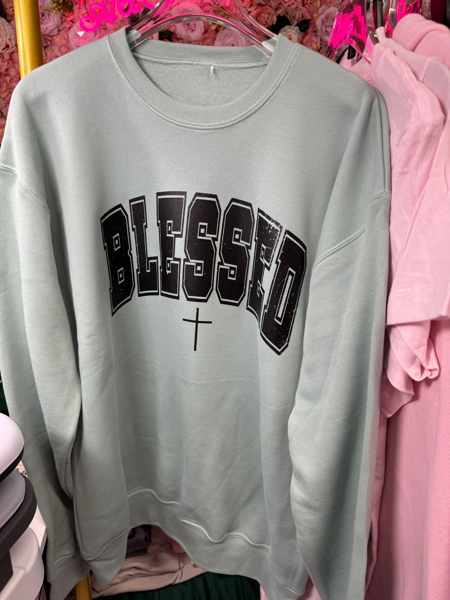 Blessed Sherpa Lined Crewneck Sweater In Dusty Blue