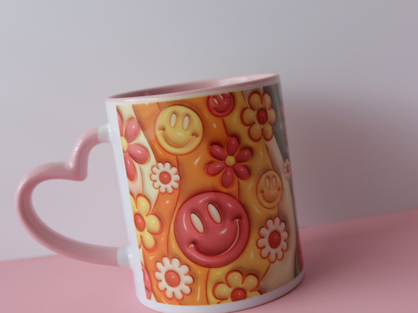 Retro 3D Smiley Face and Flowers Mug 11oz