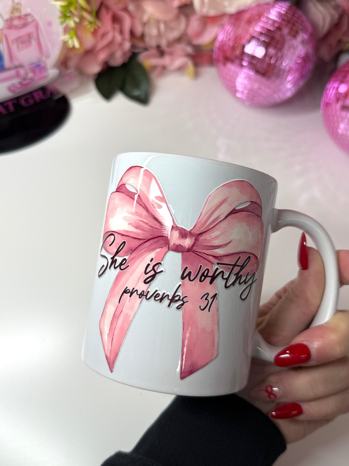 She Is Worthy Proverbs 31 Coquette Bow Ceramic Coffee Mug 11oz