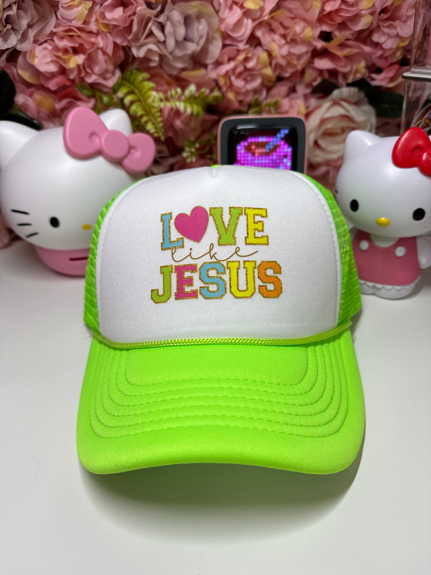 Love Like Jesus Trucker Hat In Neon Yellow and White