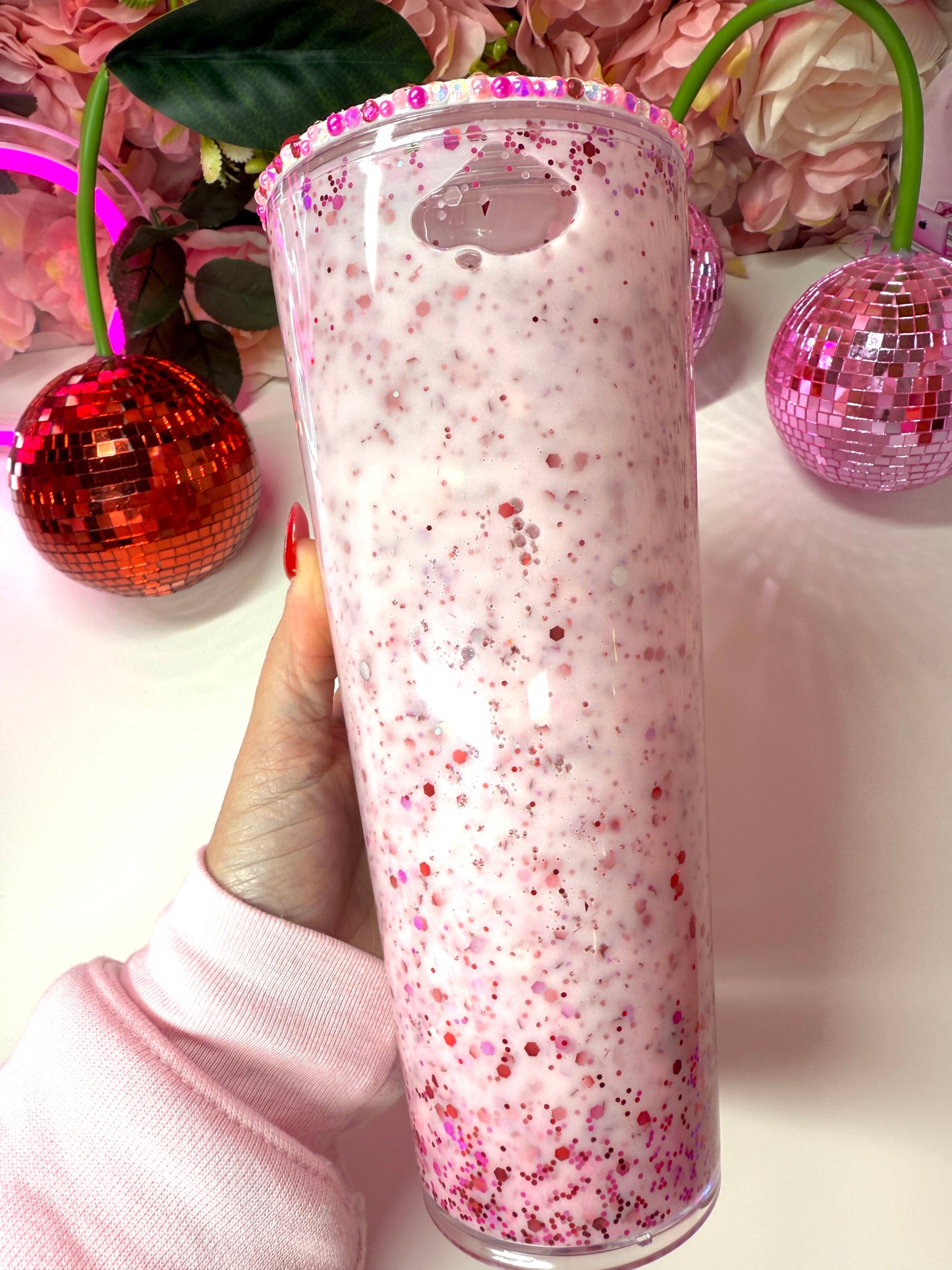 Custom Acrylic Tumbler With Red & Pink Glitter W/ Bling Lid