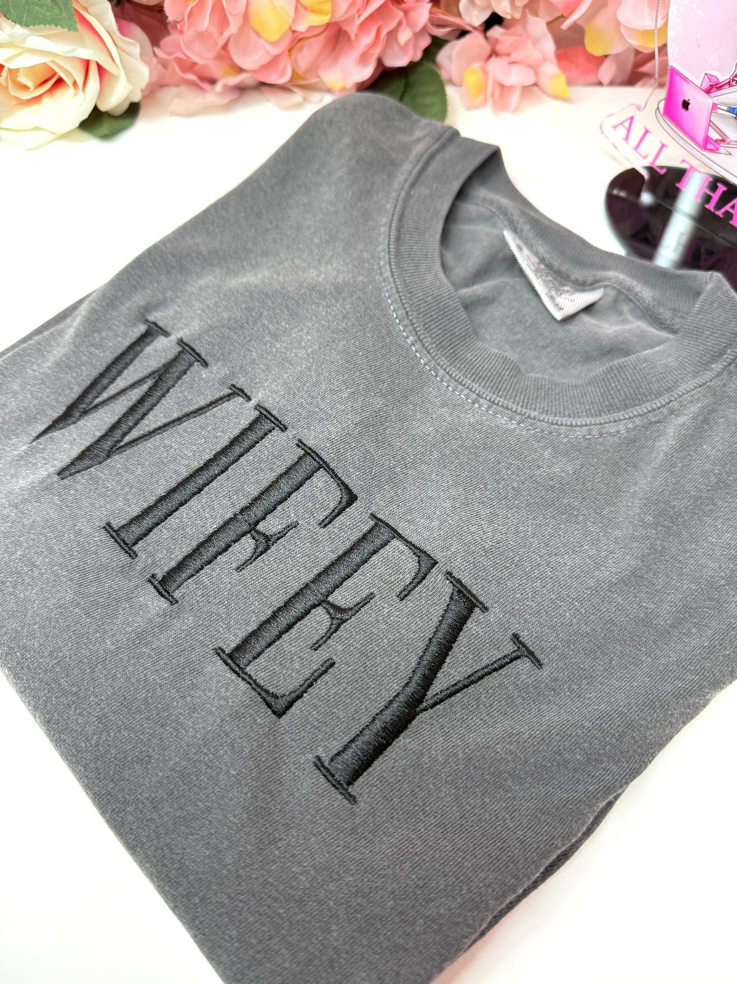 Wifey Embroidered Heavyweight Women's Boxy Tee in Gray and Black