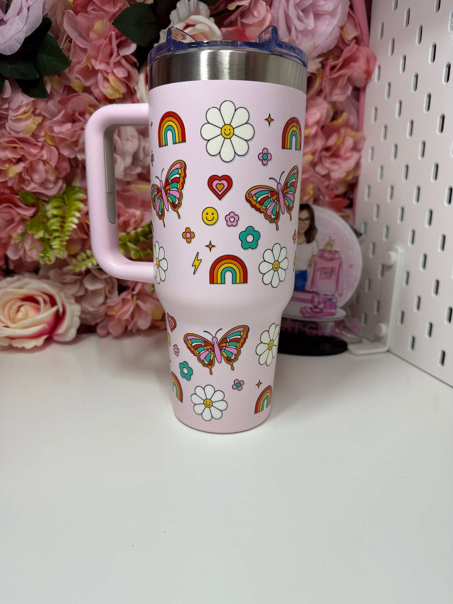 Retro Rainbow Smiley Face Big Swig Tumbler 40oz Blush Pink