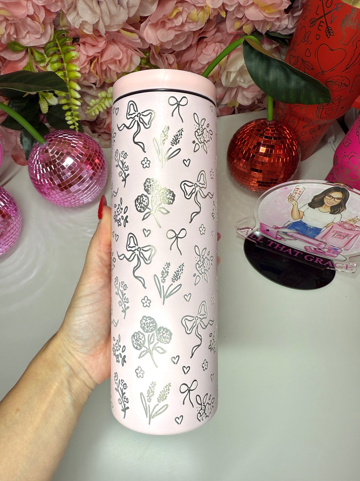 Coquette Floral Engraved Pale Pink 20oz Skinny Tumbler