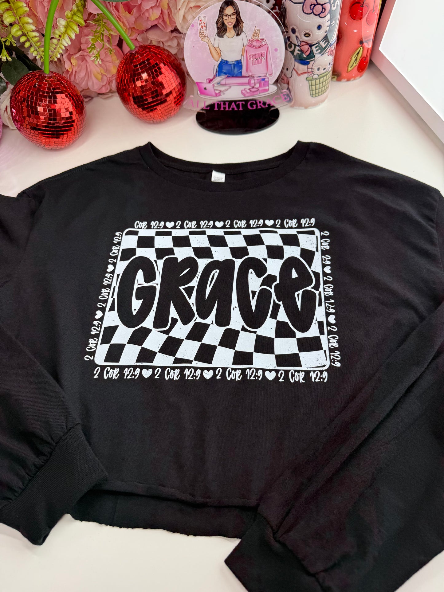 Grace Vintage Checked Long Sleeved Tee in Black