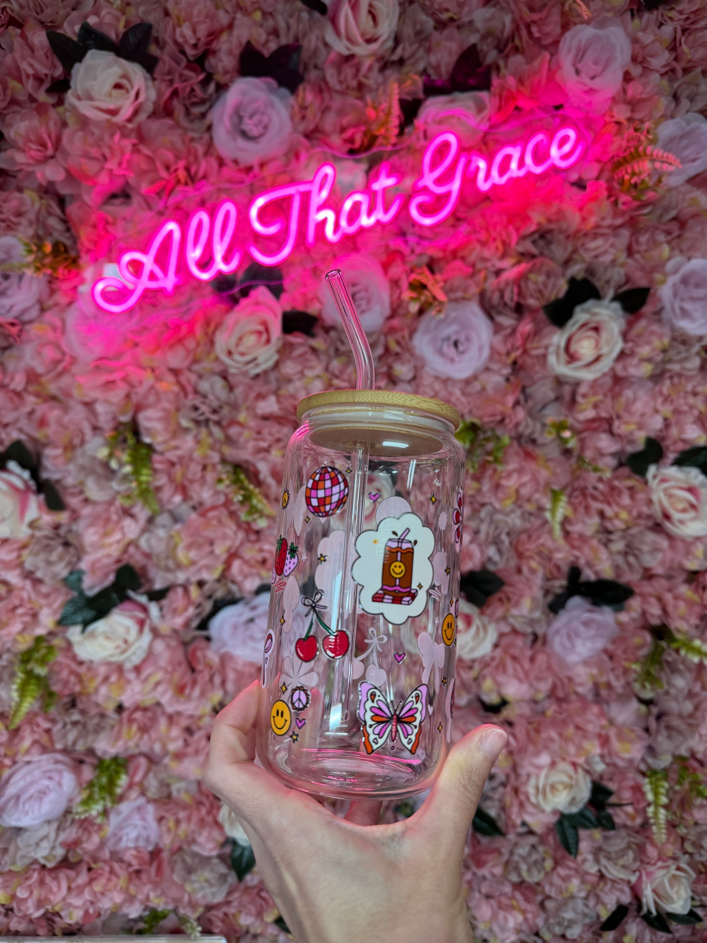 Retro Spring Fun Glass Libby 16oz Cup With Straw Topper