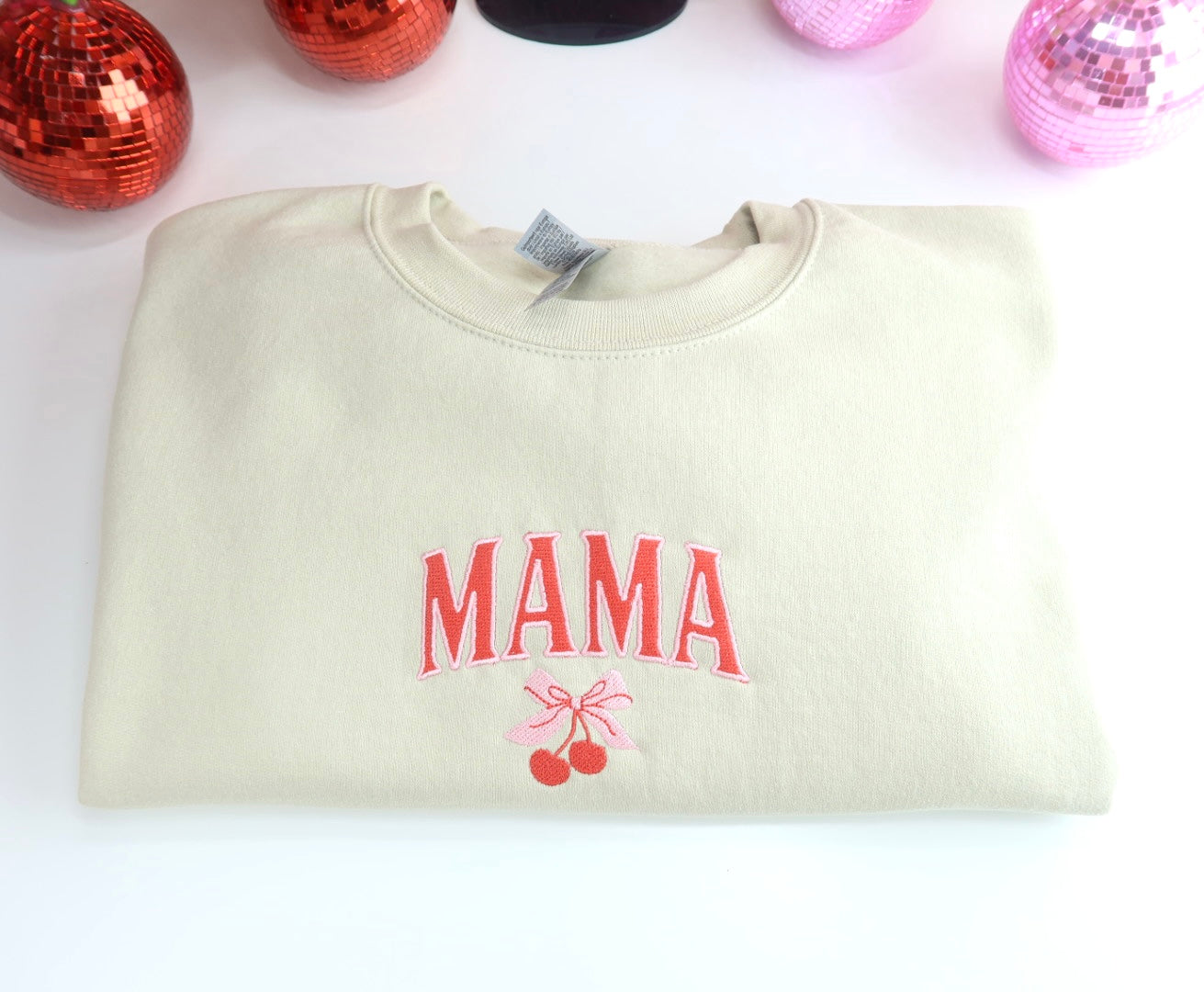 MAMA Cherry Coquette Embroidered Crewneck in Sand