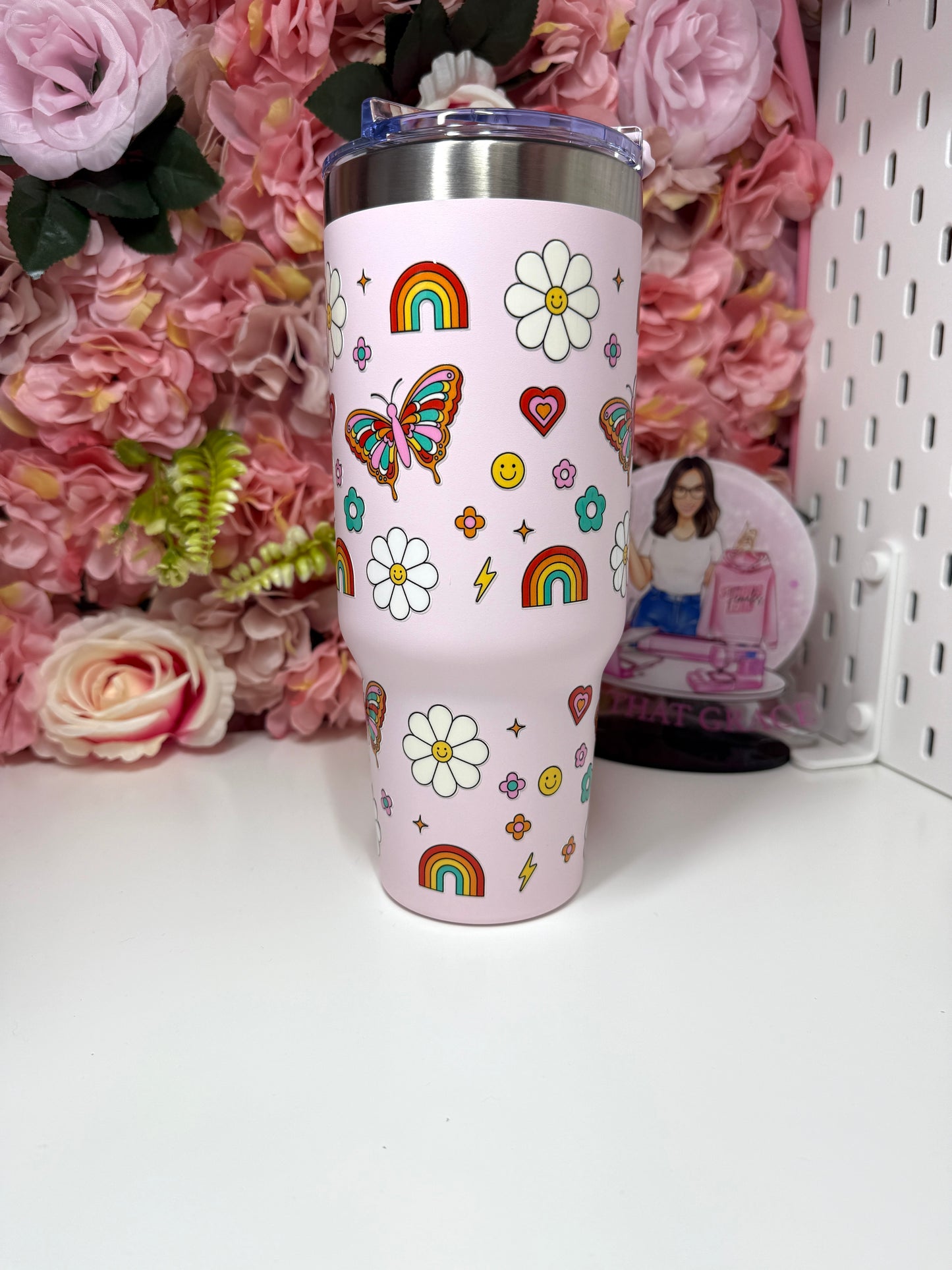 Retro Rainbow Smiley Face Big Swig Tumbler 40oz Blush Pink