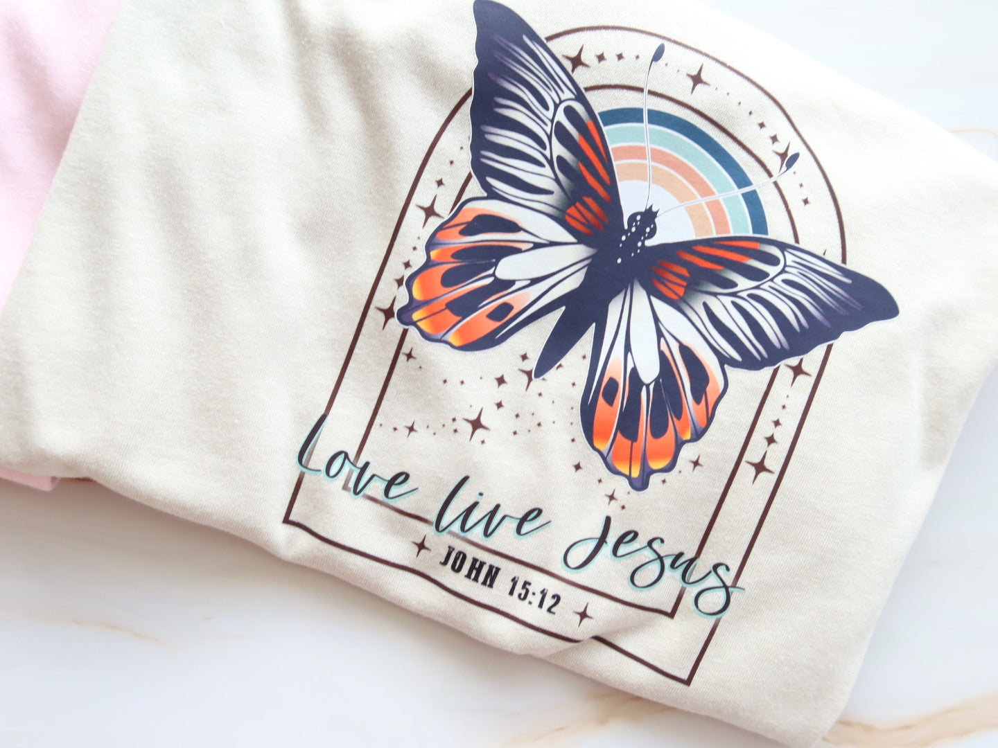 Love Like Jesus Butterfly John 15:12 Tee in Heathered Cement Unisex
