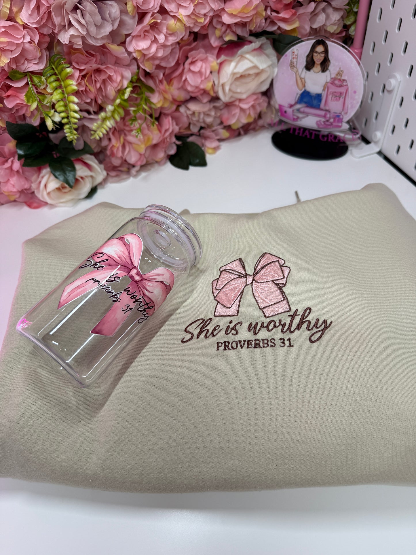 She is Worthy Proverbs 31 Bow Coquette Embroidered Hoodie in Sand