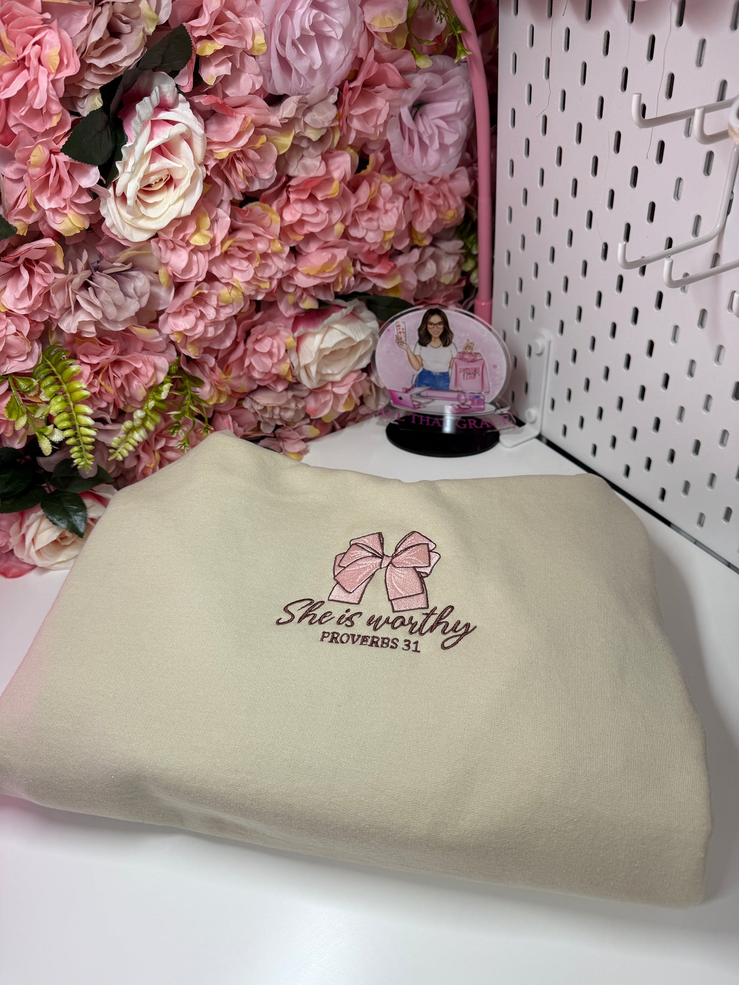 She is Worthy Proverbs 31 Bow Coquette Embroidered Hoodie in Sand
