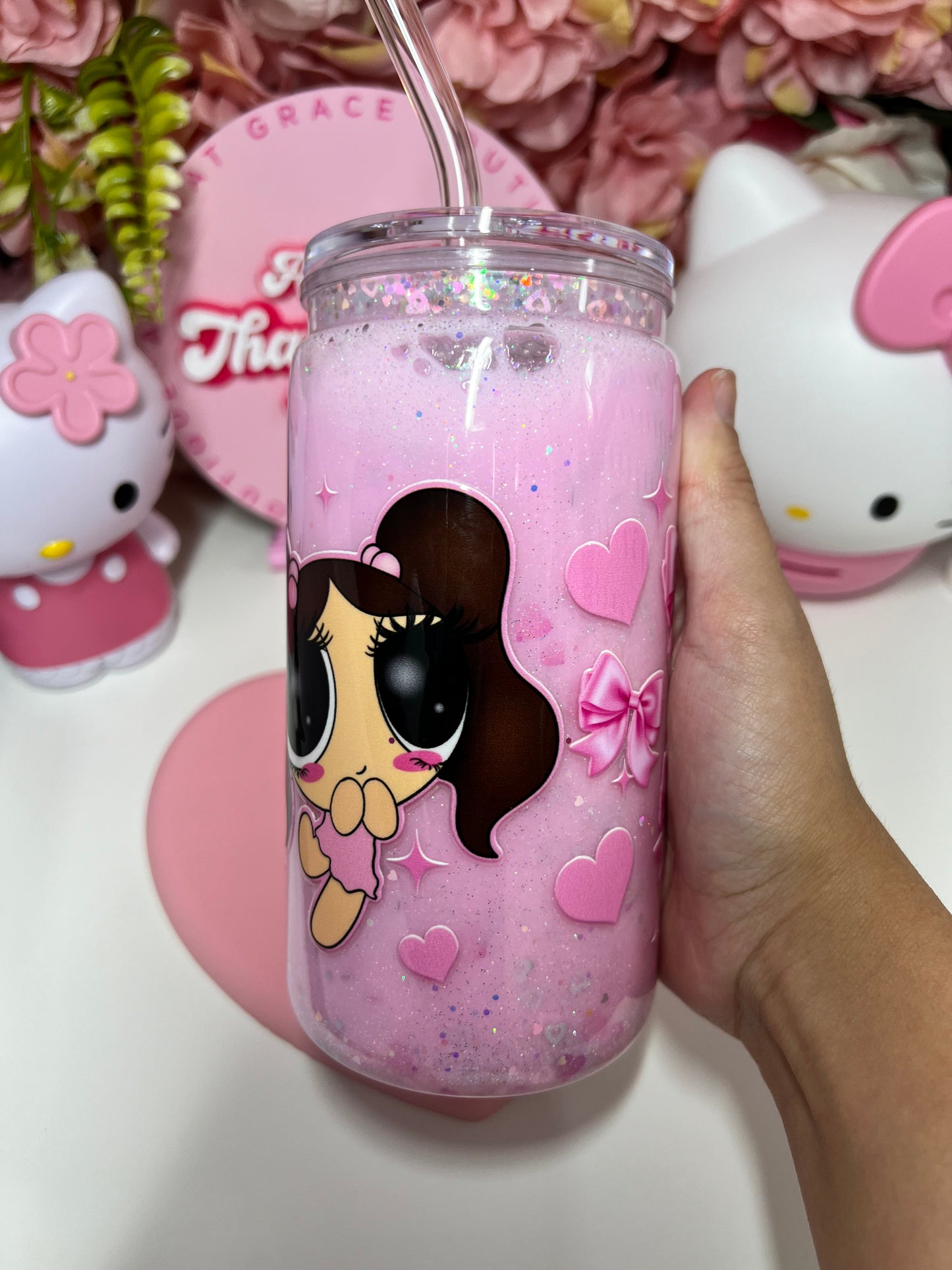 Soft Girl Era Coquette Bow Puff Acrylic Glitter Snow Globe Cup