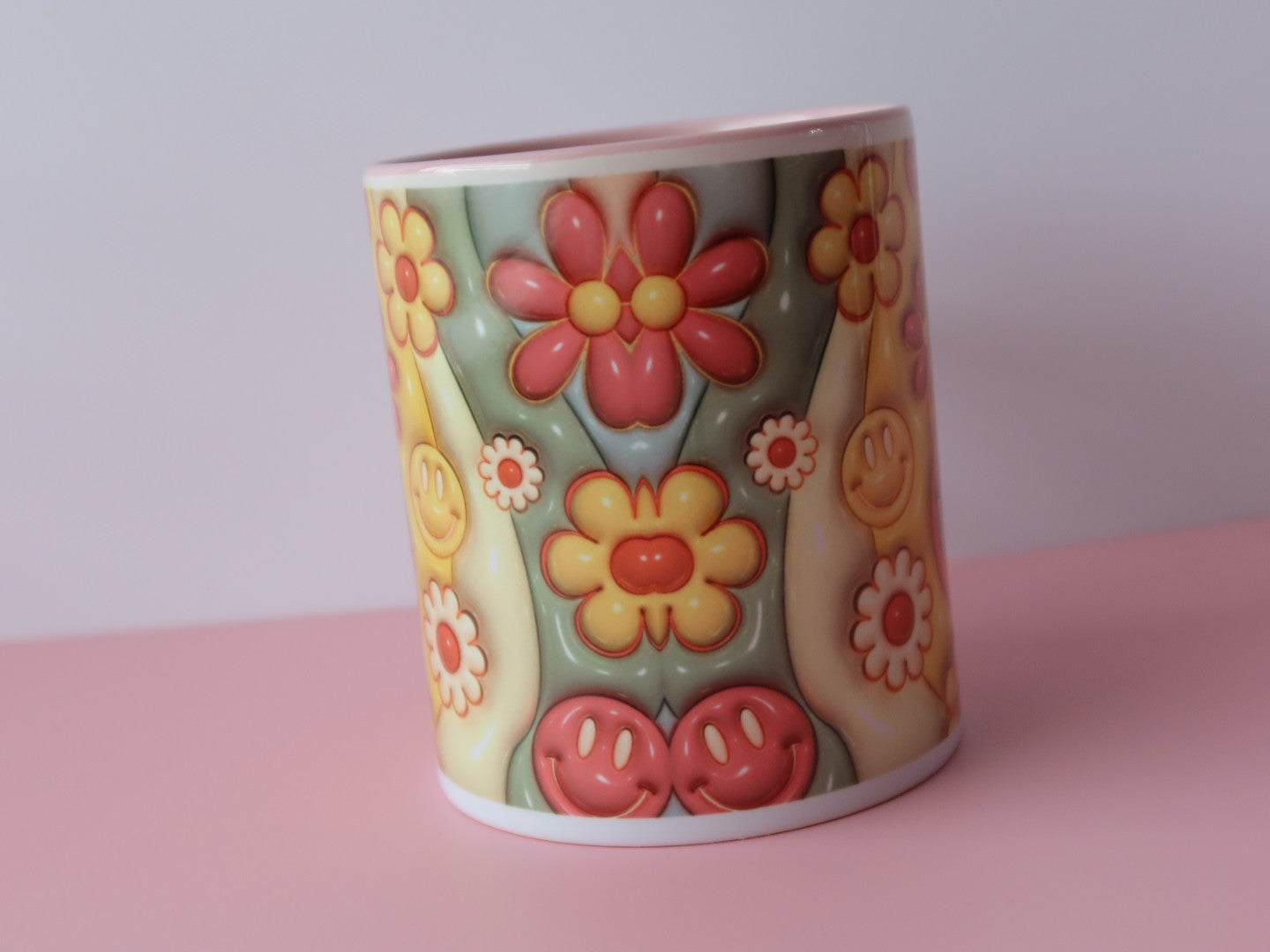 Retro 3D Smiley Face and Flowers Mug 11oz