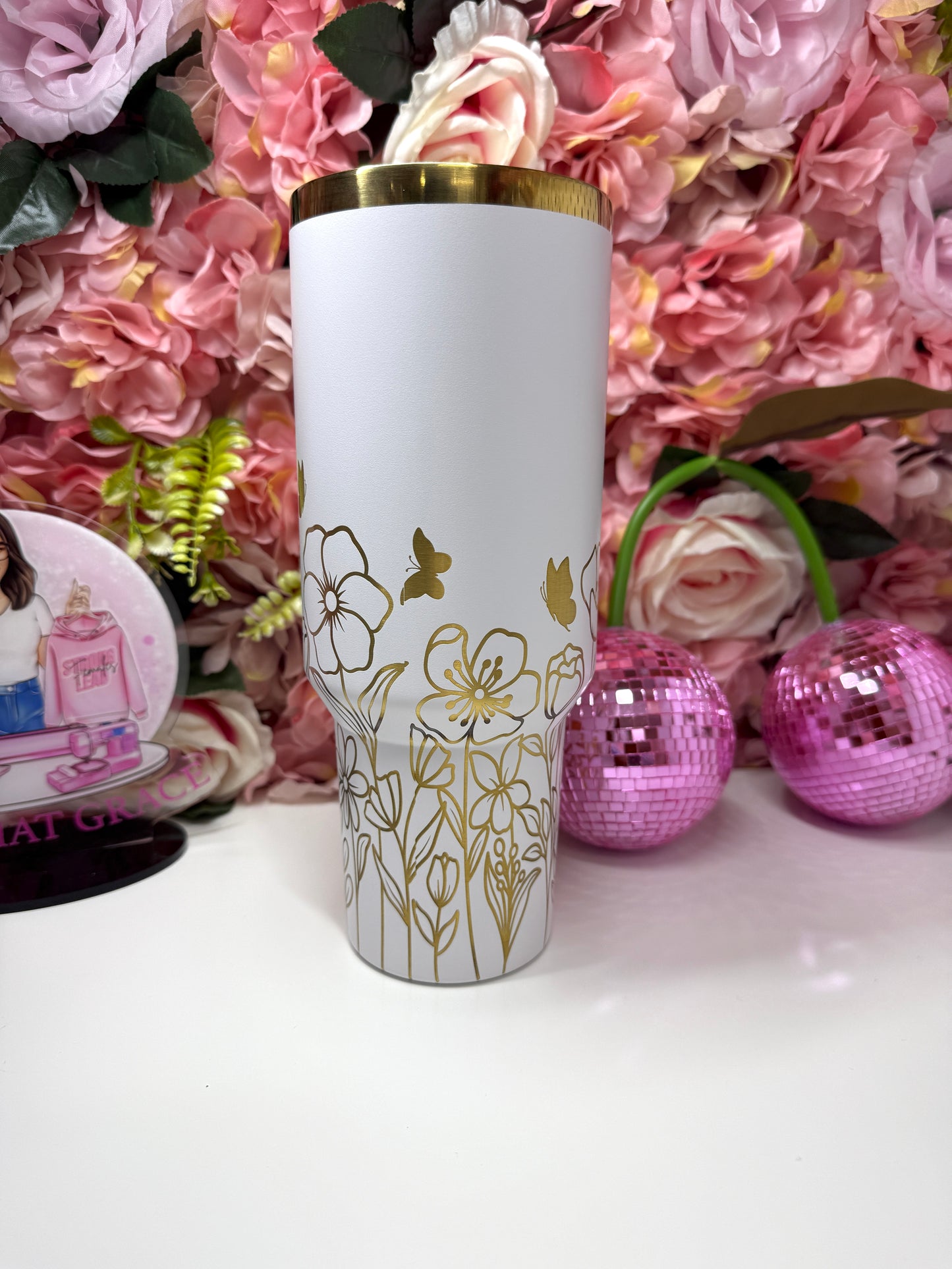 God Says You Are Floral Butterfly Bible Verse Gold Engraved White 40oz Tumbler