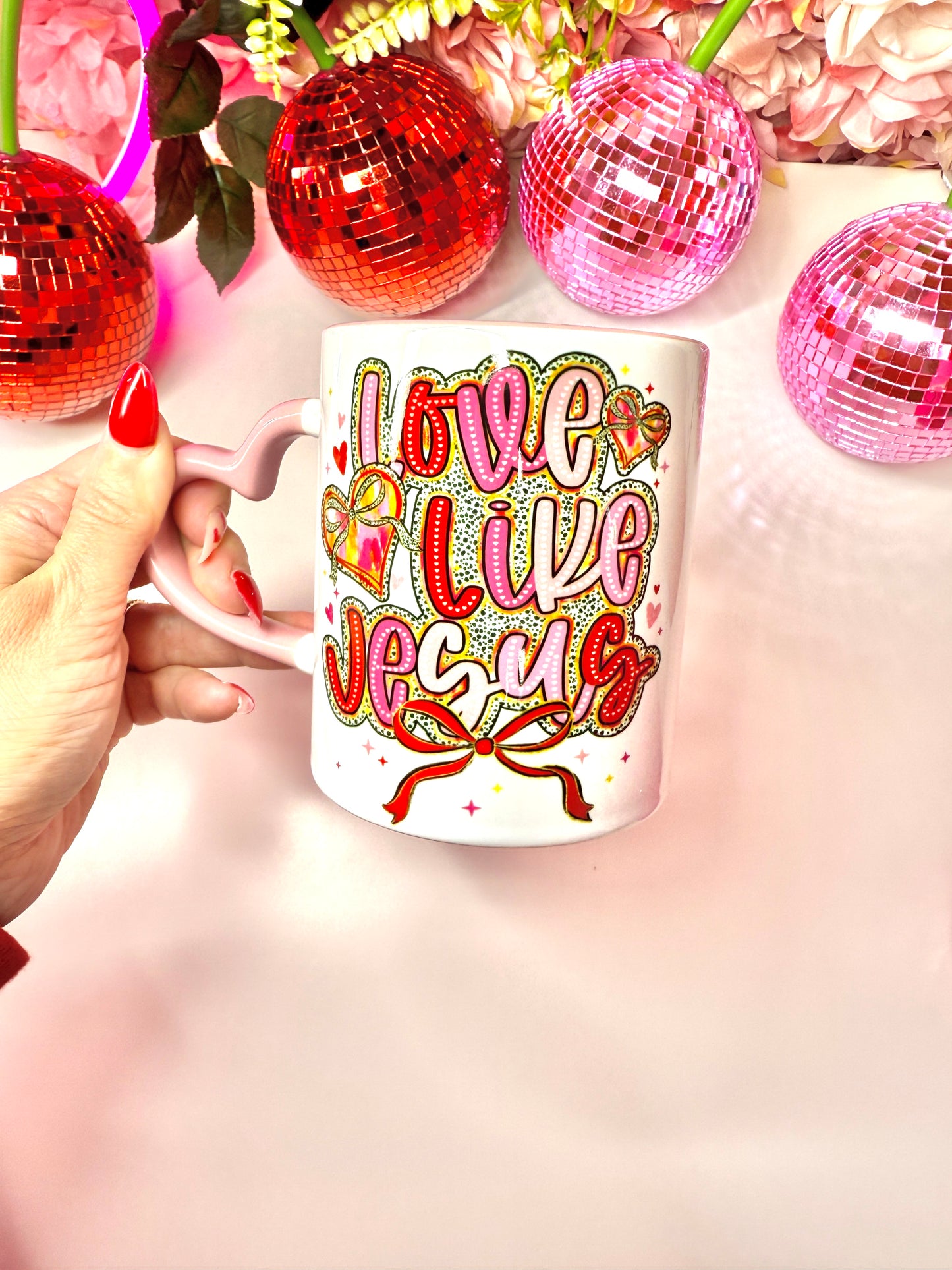 Love Like Jesus Coquette Heart Ceramic Mug Pink Heart Handle 11oz
