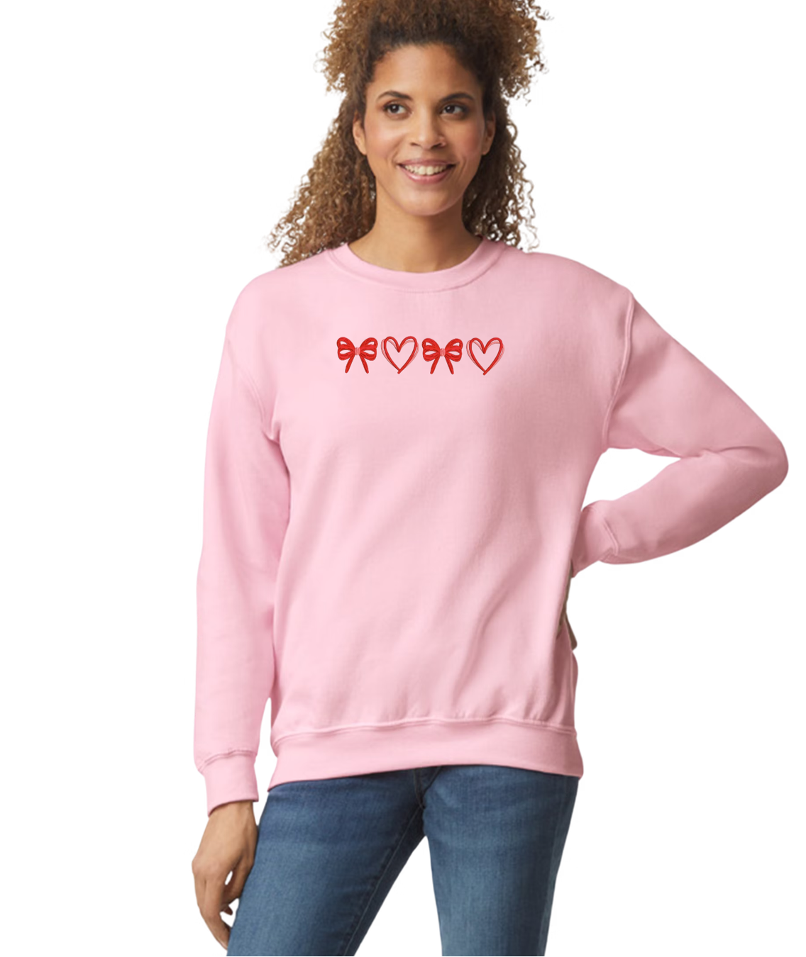 XOXO Heart and Bow Coquette Embroidered Crewneck Sweater In Multiple Colors